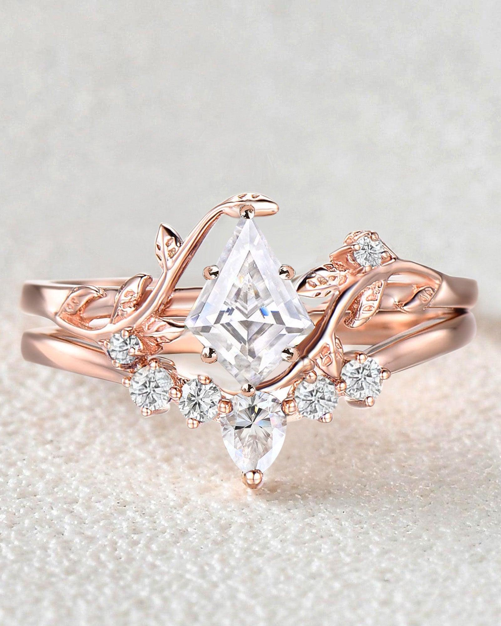 Unique Kite Cut Moissanite Leafy Engagement Ring
