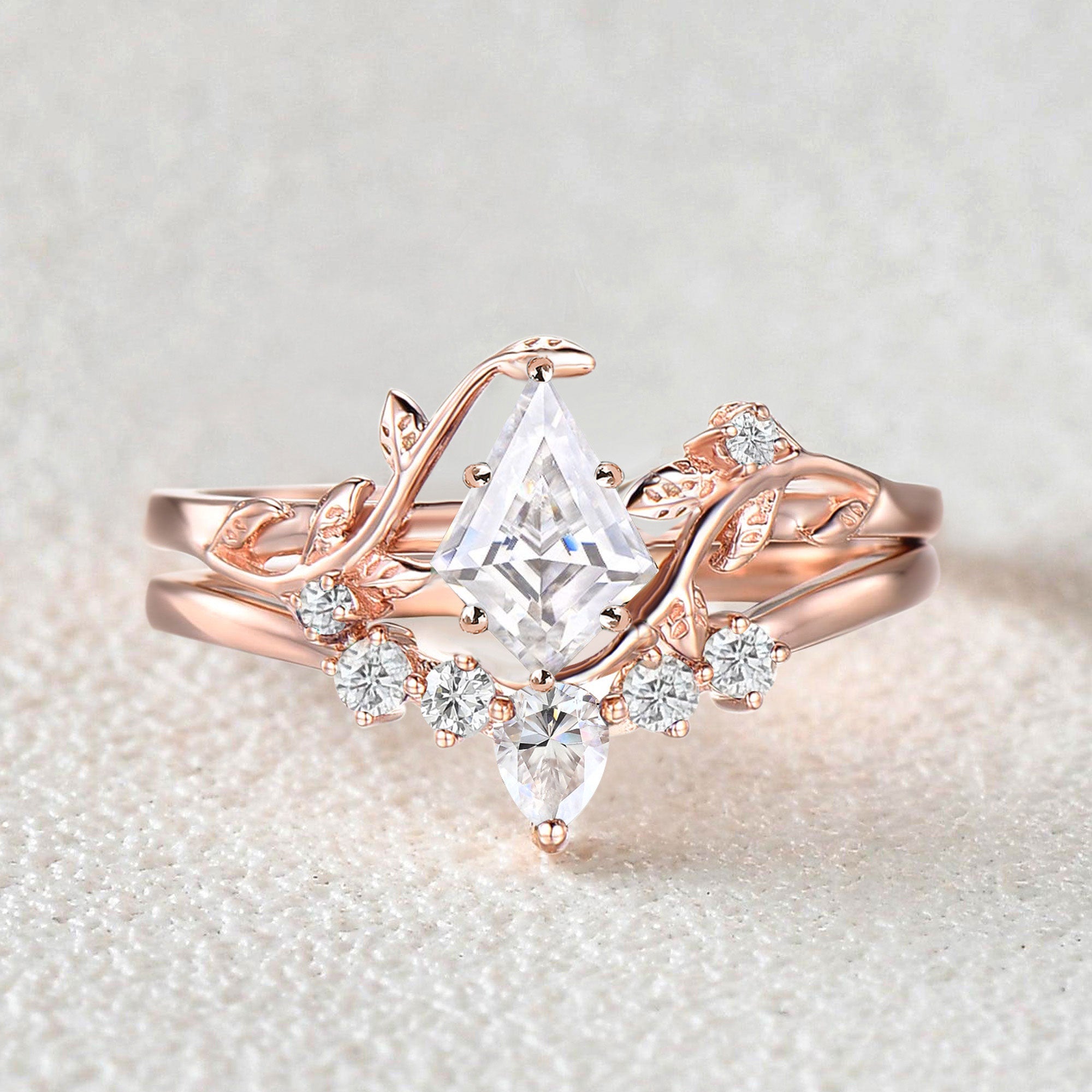 Unique Kite Cut Moissanite Leafy Engagement Ring
