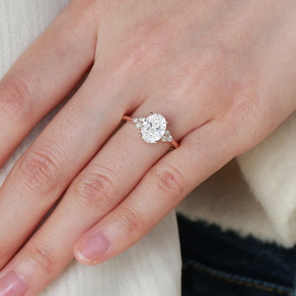 1.0-2.0ct Oval Cut Lab Grown Diamond Classic Three Round Stone Gold Ring