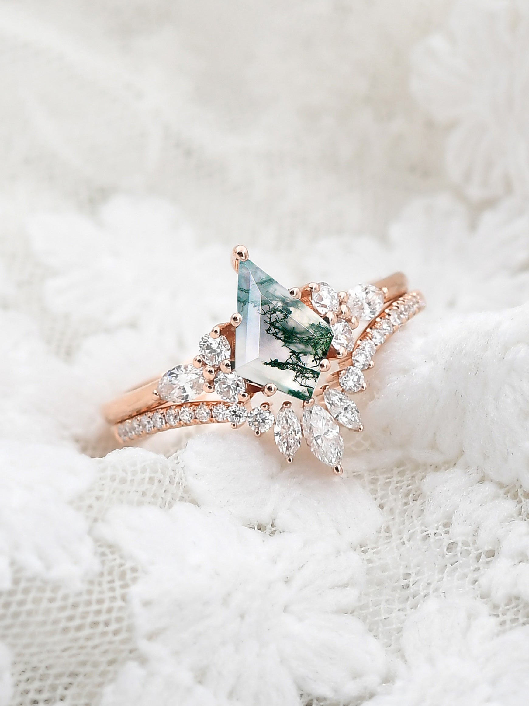 moss agate rings, moissanite bridal sets