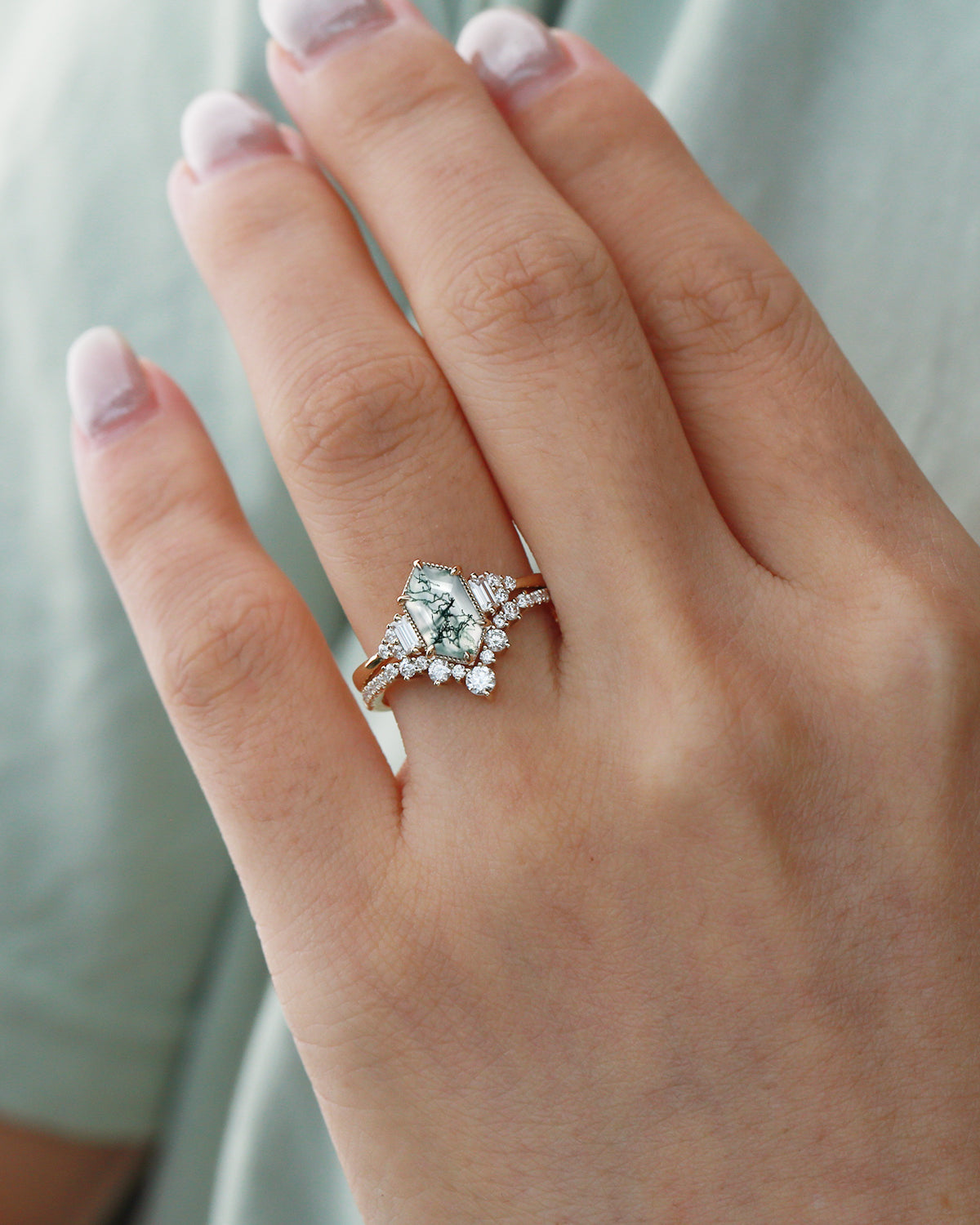 Long Hexagon Moss Agate Milgrain Engagement Ring Set 2pcs