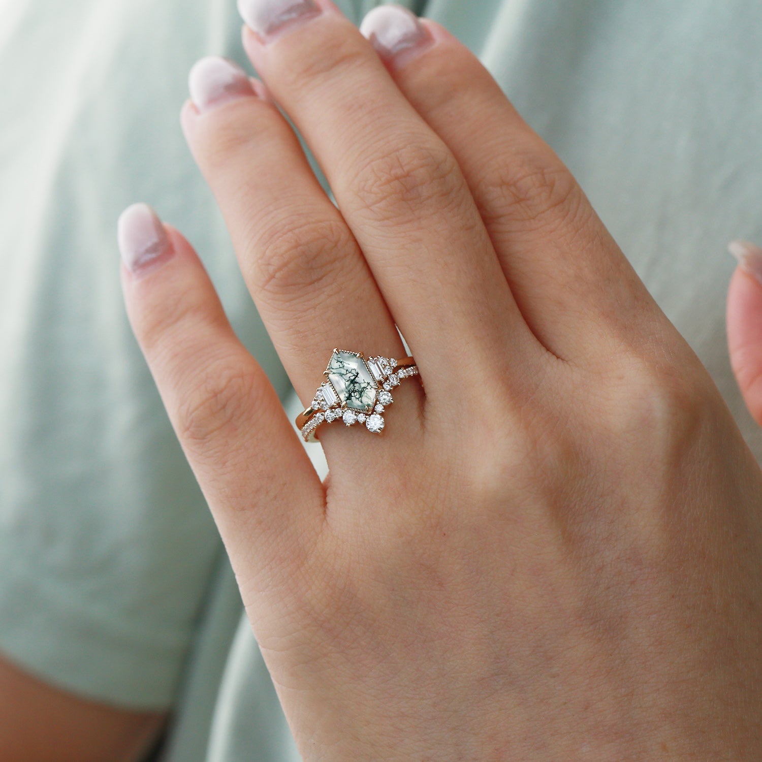 Long Hexagon Moss Agate Milgrain Engagement Ring Set 2pcs