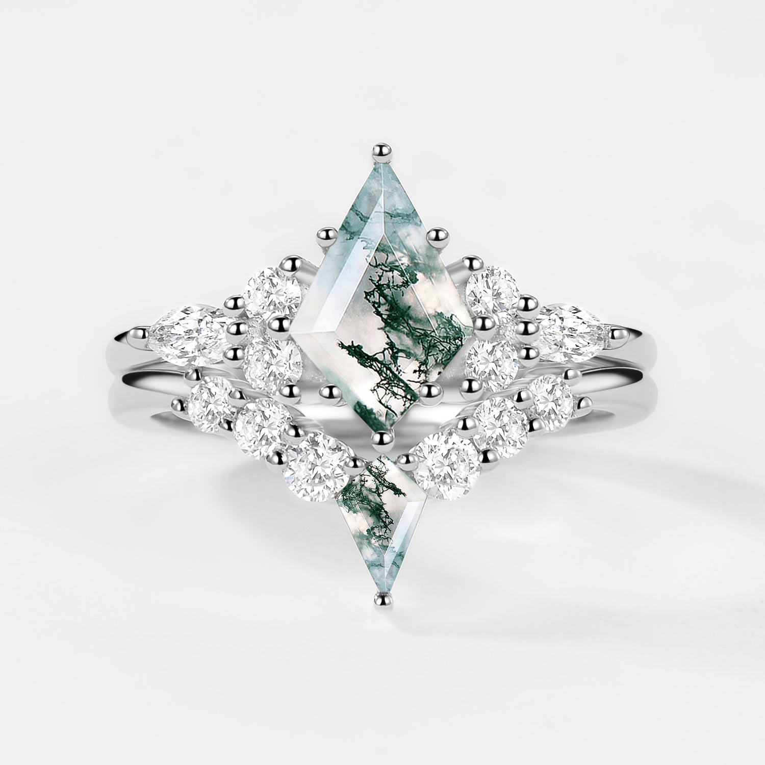 Kite Cut Unique Moss Agate Twinning Kites Engagement Ring Sets 2pcs
