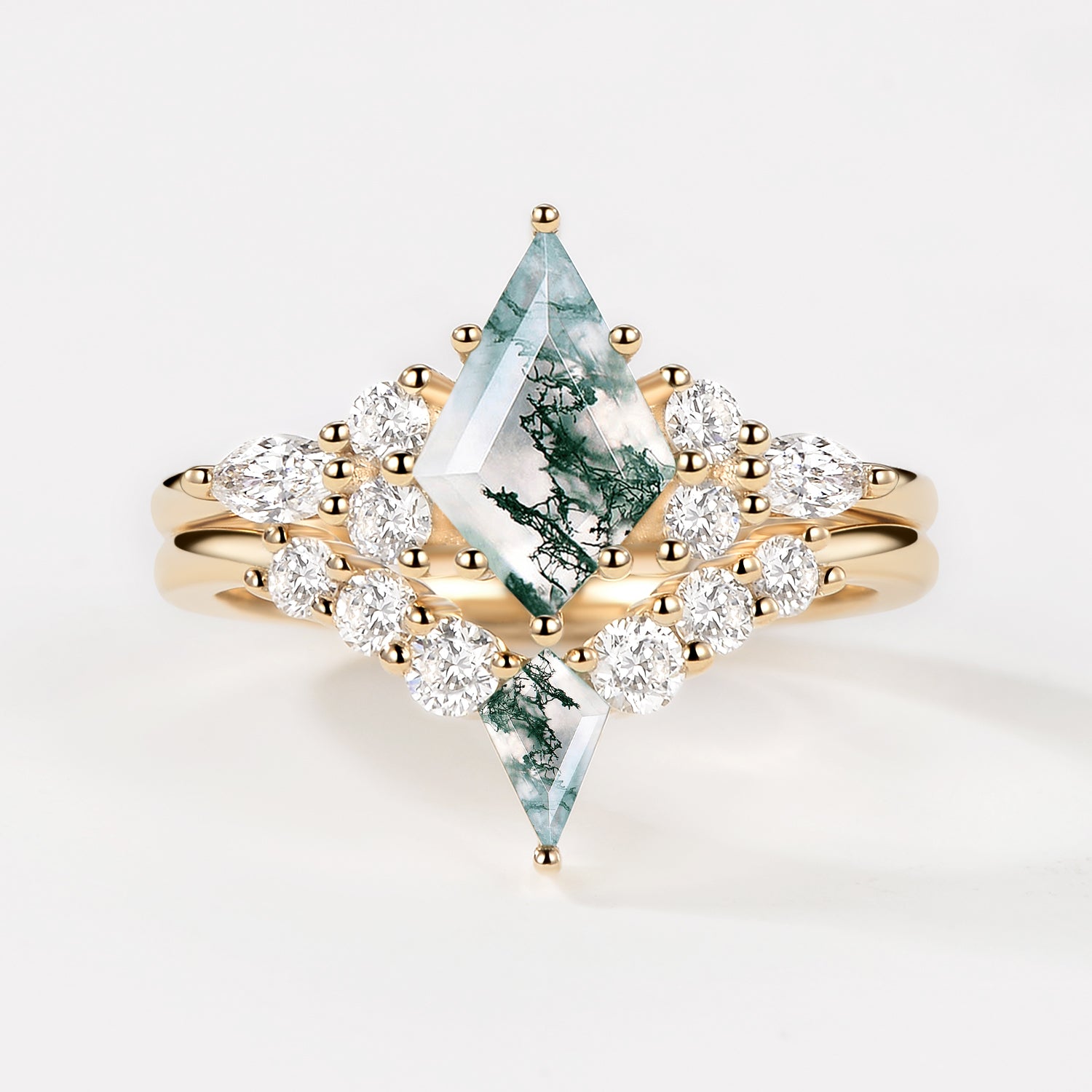 Kite Cut Unique Moss Agate Twinning Kites Engagement Ring Sets 2pcs