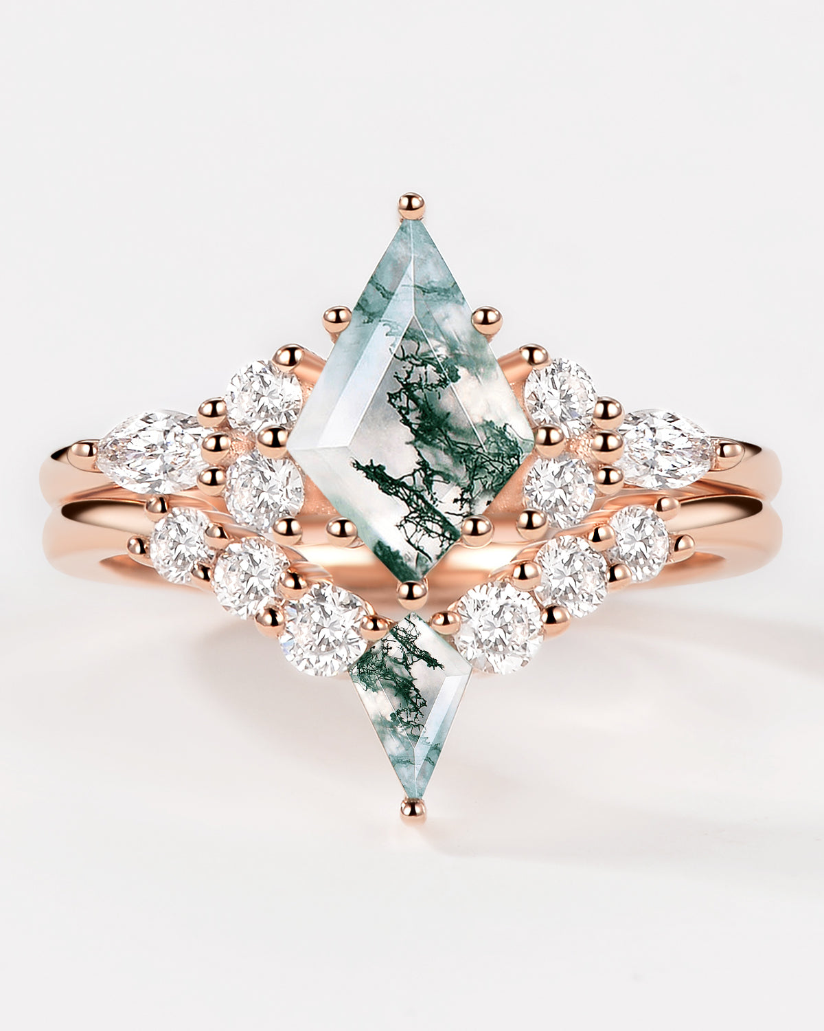 Kite Cut Unique Moss Agate Twinning Kites Engagement Ring Sets 2pcs