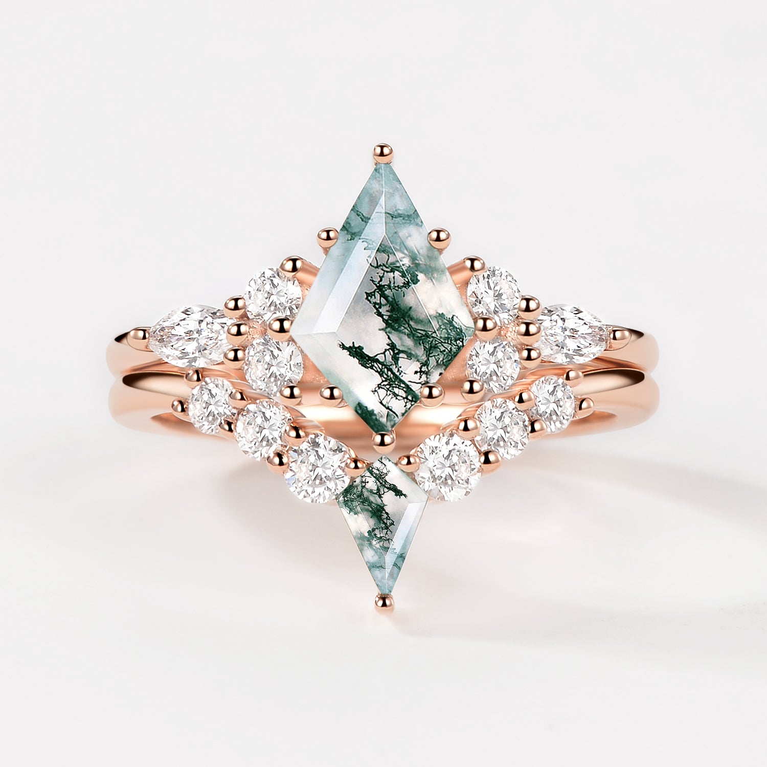 Kite Cut Unique Moss Agate Twinning Kites Engagement Ring Sets 2pcs