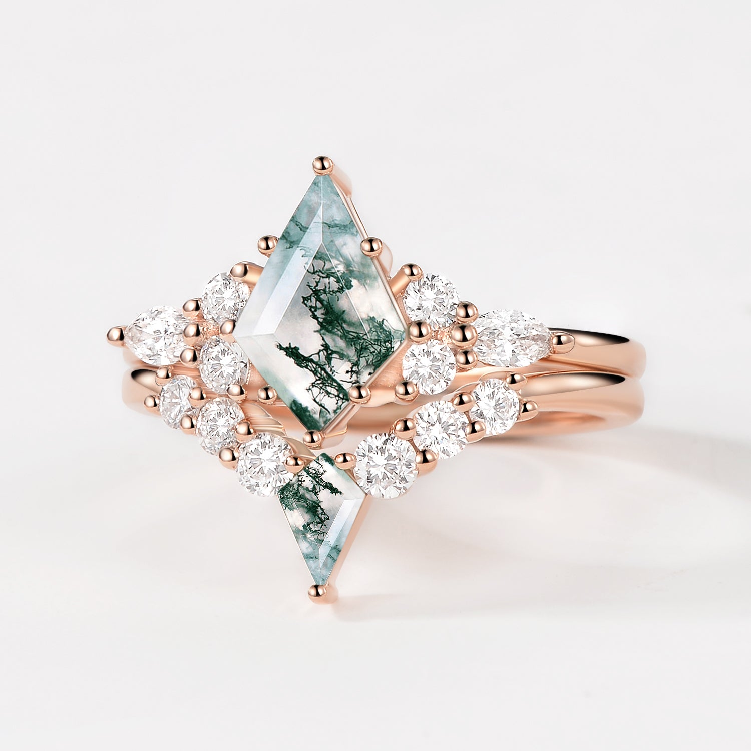 Kite Cut Unique Moss Agate Twinning Kites Engagement Ring Sets 2pcs