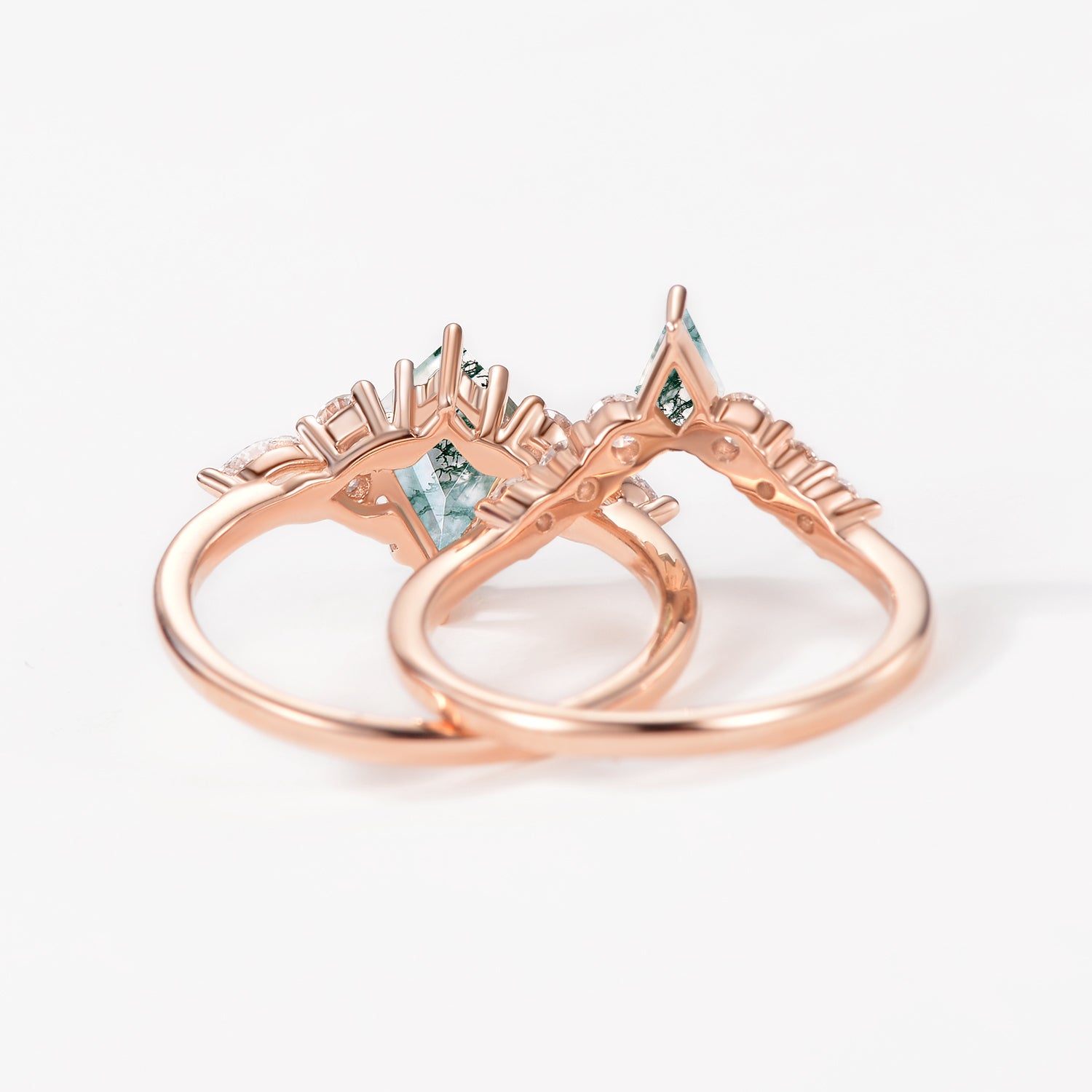 Kite Cut Unique Moss Agate Twinning Kites Engagement Ring Sets 2pcs