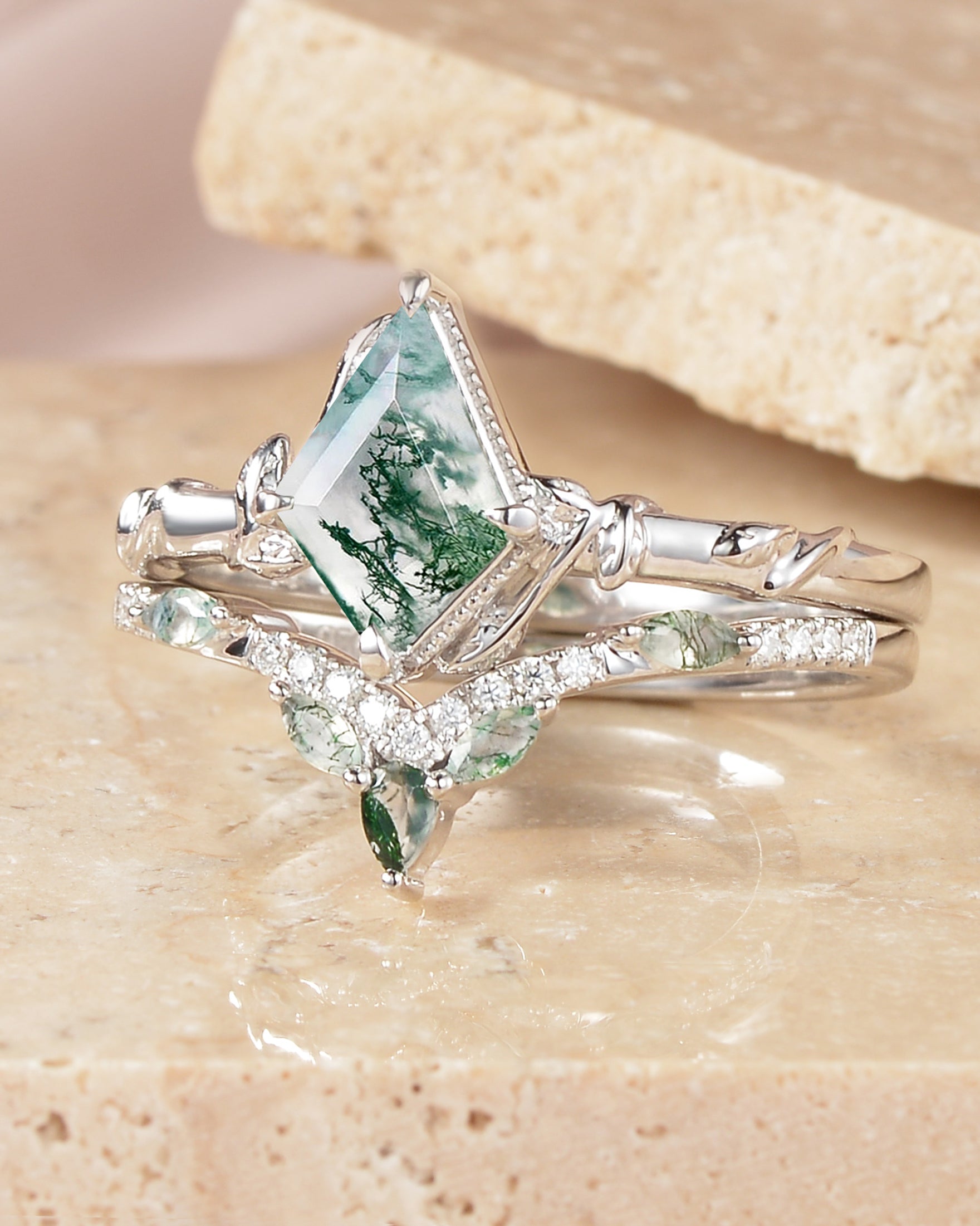 Kite Cut Moss Agate Leafy Engagement Ring Sets 2pcs - Lark
