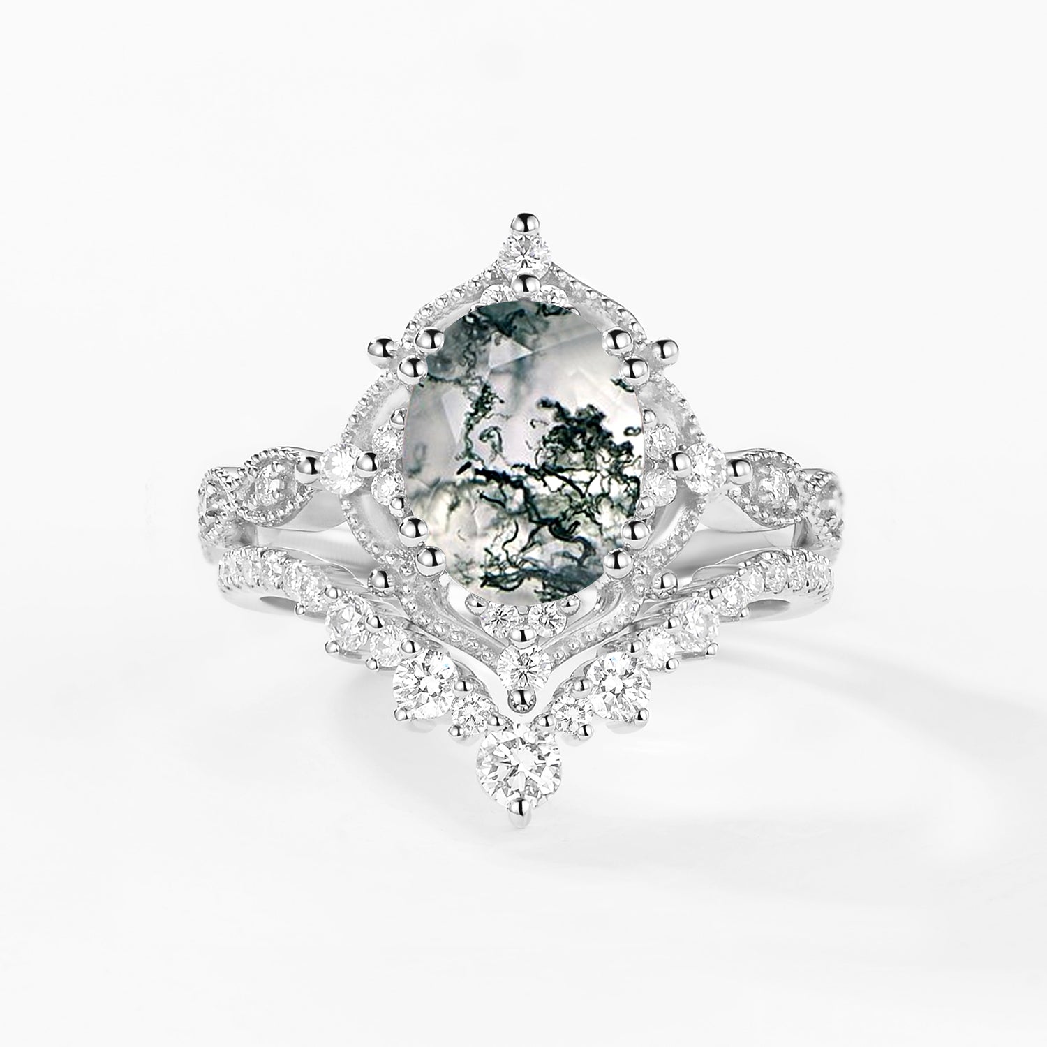 2.0ct Signature Vintage Moss Agate Big Ring Set 2pcs - Charlotte