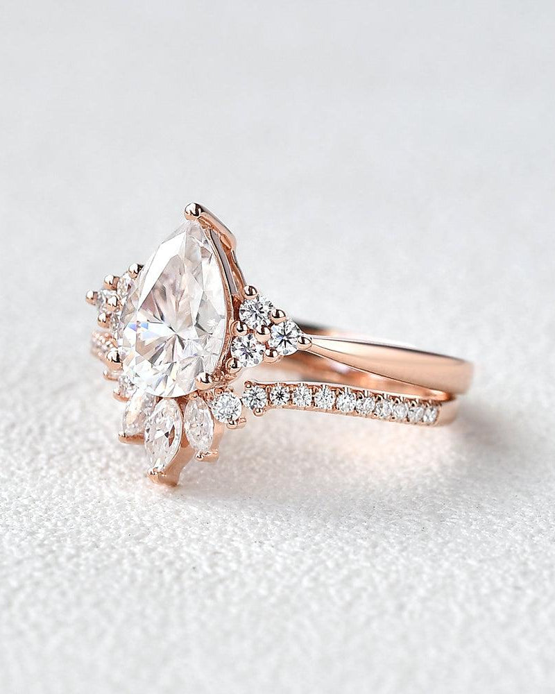 Pear Shaped Moissanite Rose Gold Ring Set 2pcs - Felicegals