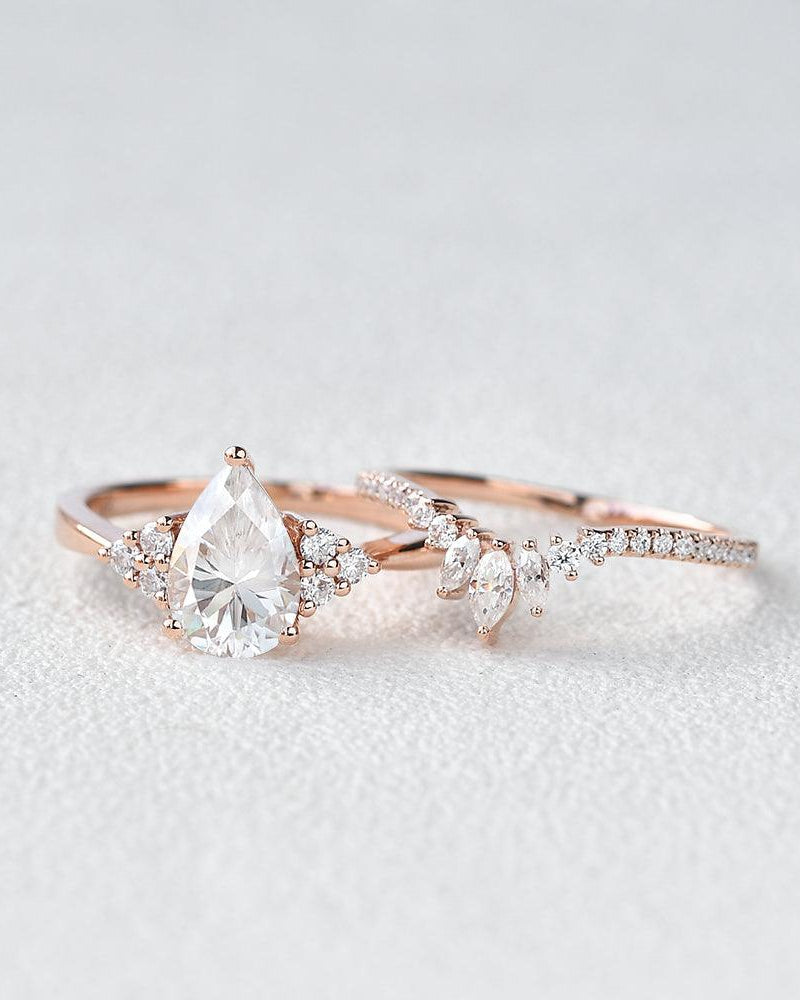 Pear Shaped Moissanite Rose Gold Ring Set 2pcs - Felicegals