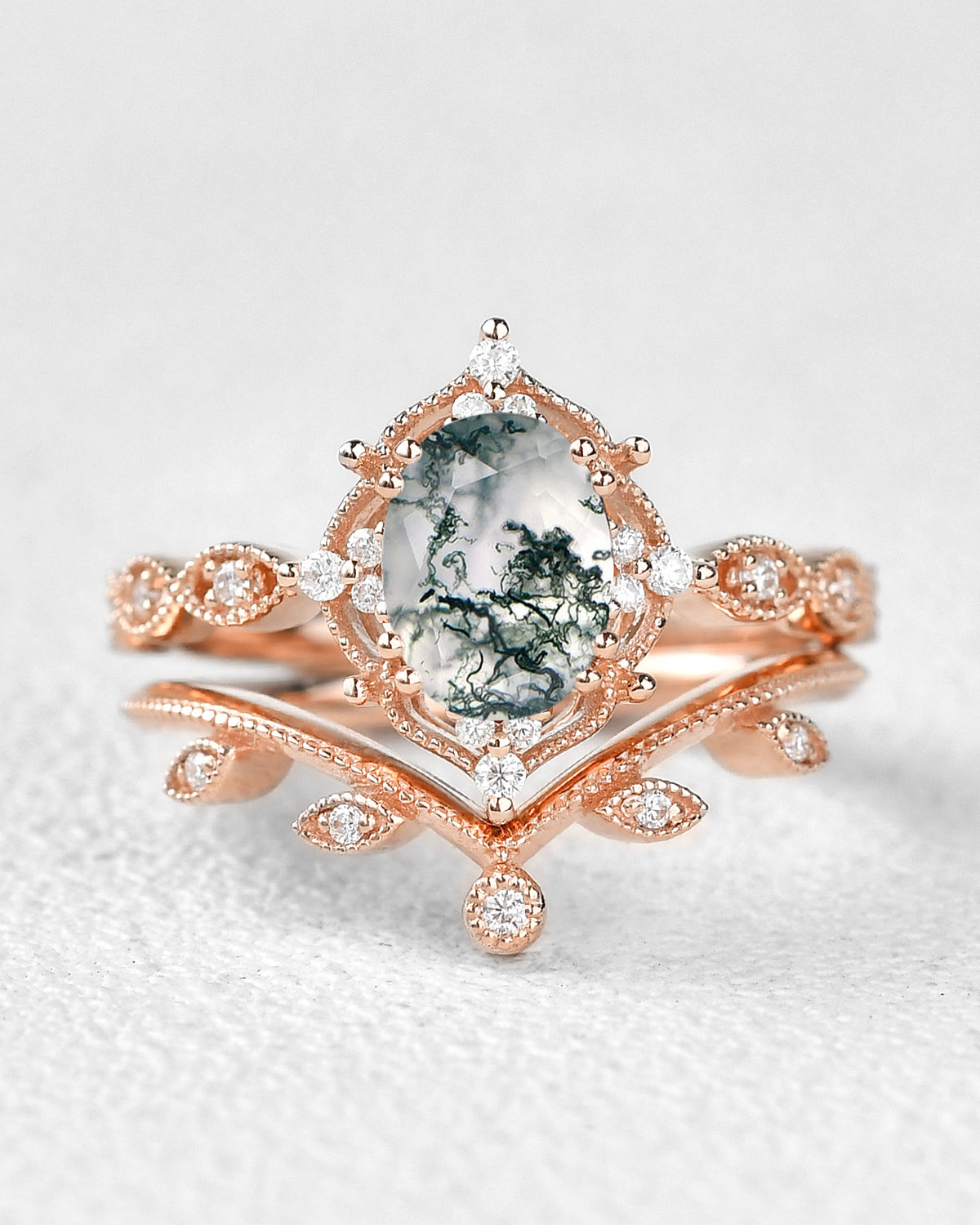 Oval Cut Moss Agate Gold Ring Set 2pcs