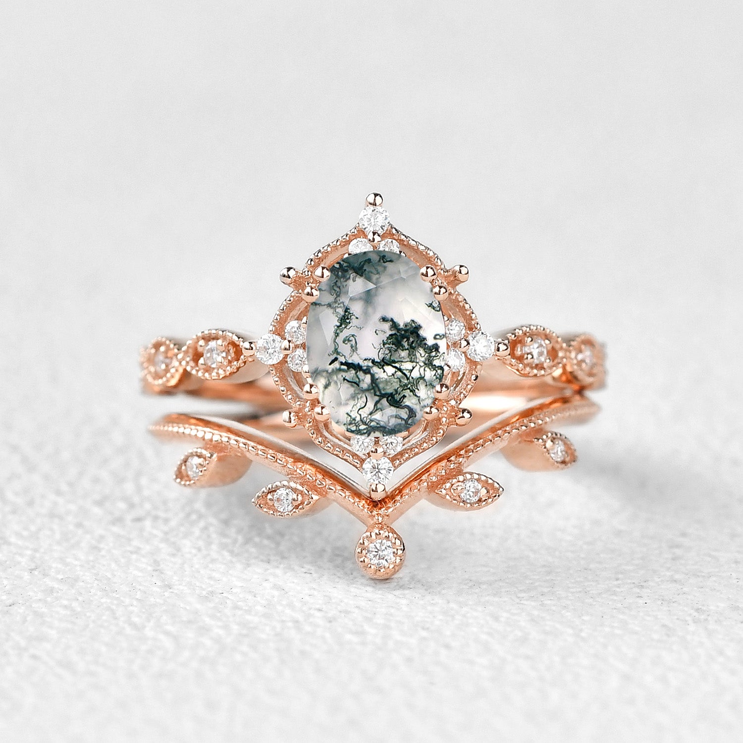 Oval Cut Moss Agate Gold Ring Set 2pcs