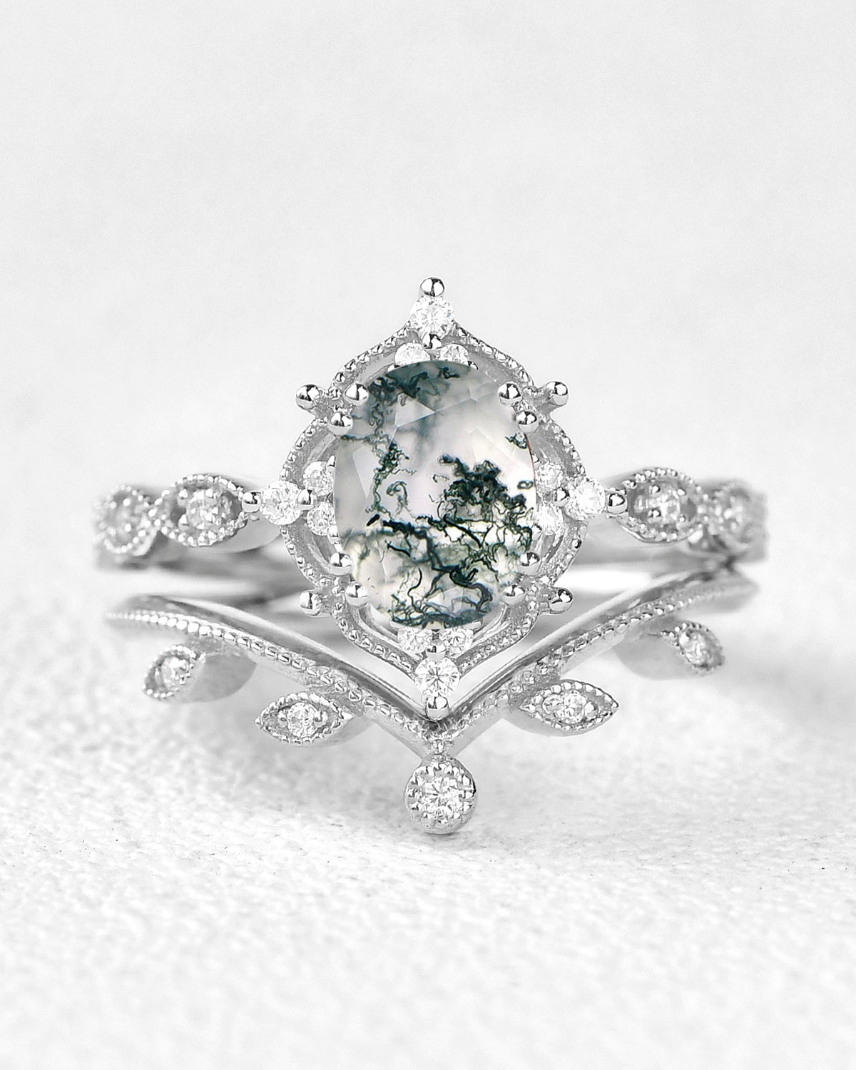 Oval Cut Moss Agate Gold Ring Set 2pcs