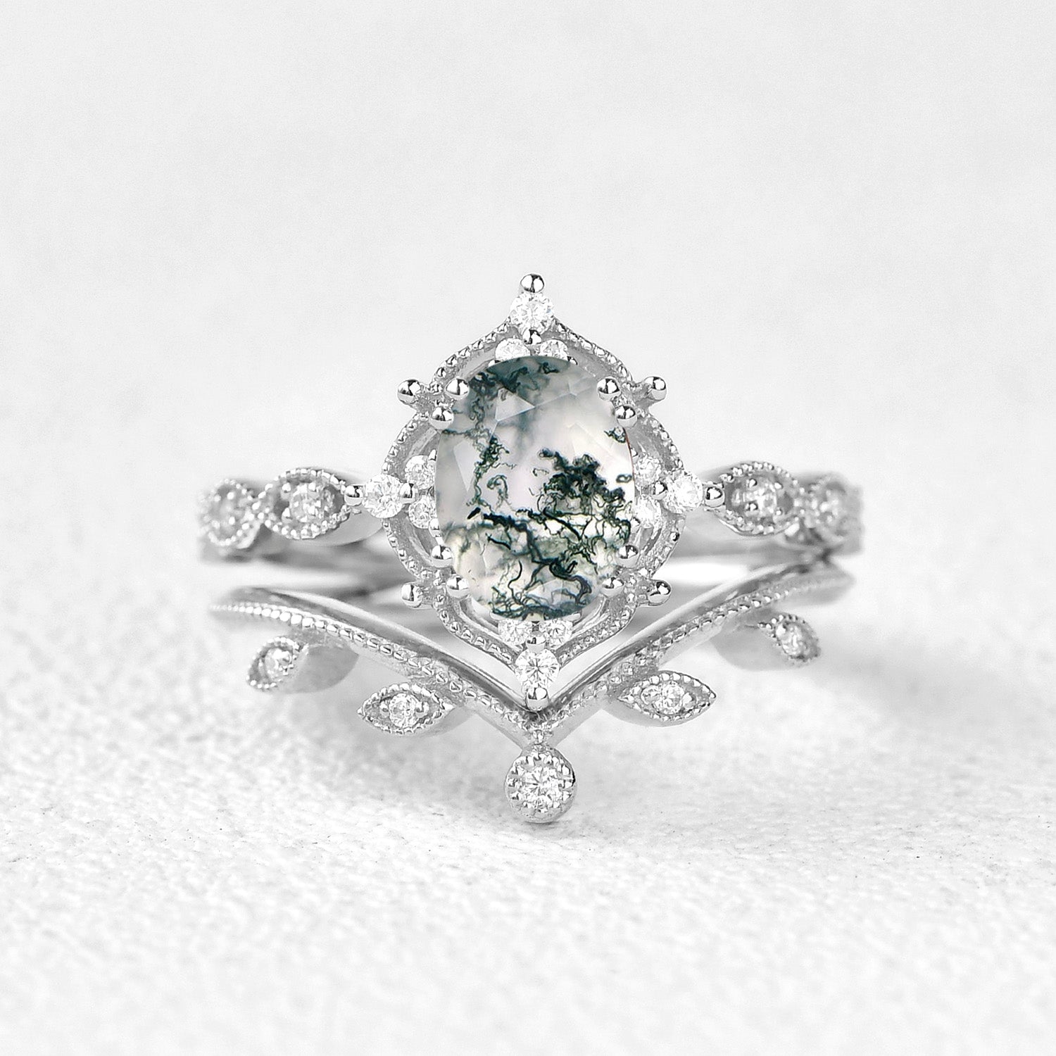 Oval Cut Moss Agate Gold Ring Set 2pcs