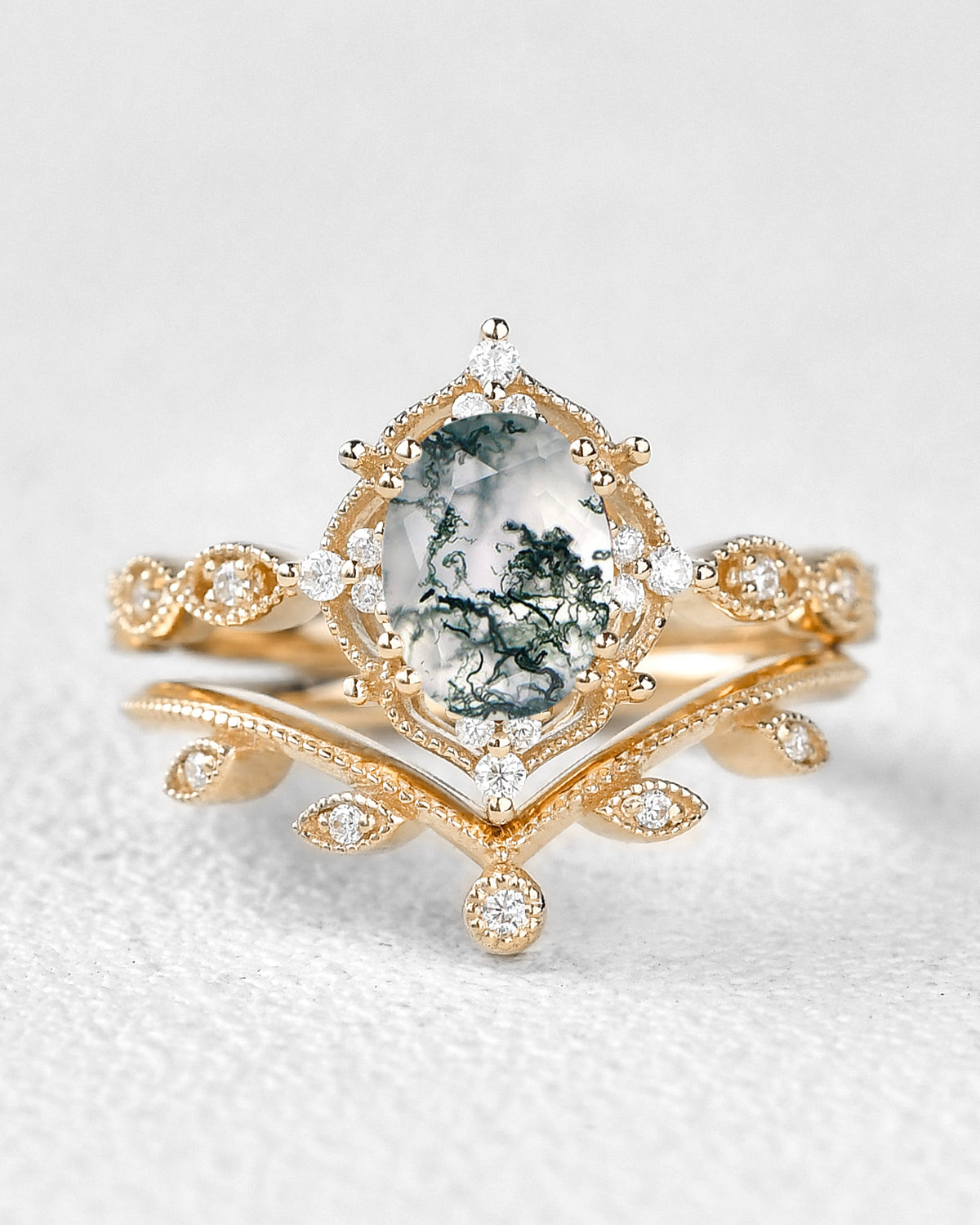 Oval Cut Moss Agate Gold Ring Set 2pcs