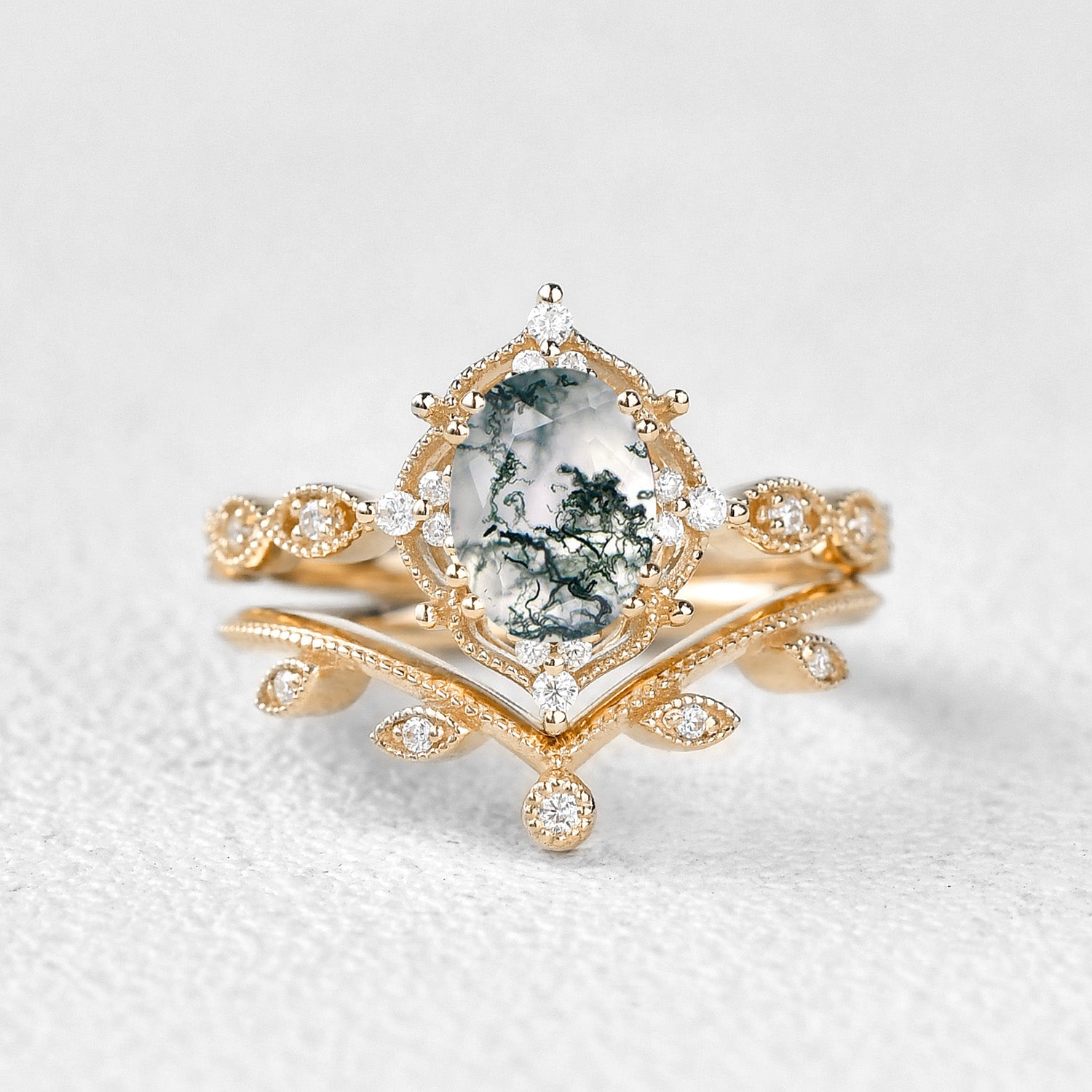 Oval Cut Moss Agate Gold Ring Set 2pcs