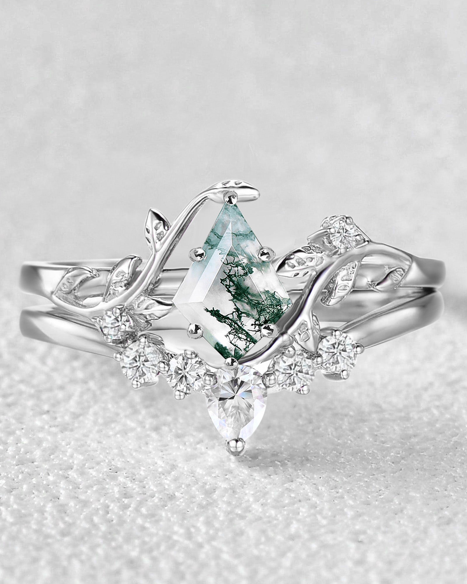 Unique Kite Cut Moss Agate Ring Sets 2pcs - Willow