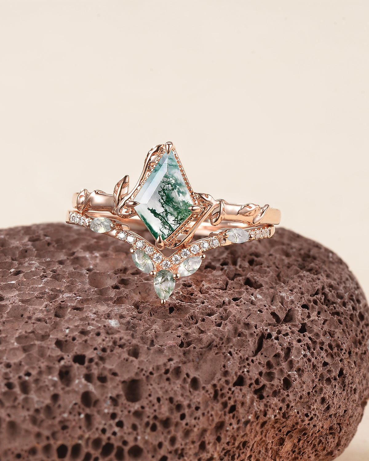 Kite Cut Moss Agate Leafy Engagement Ring Sets 2pcs - Lark