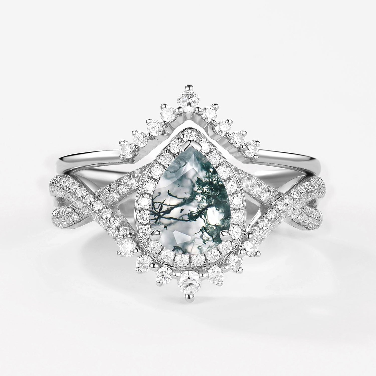 Pear Moss Agate Halo Infinity Ring Set 2pcs - Valentina