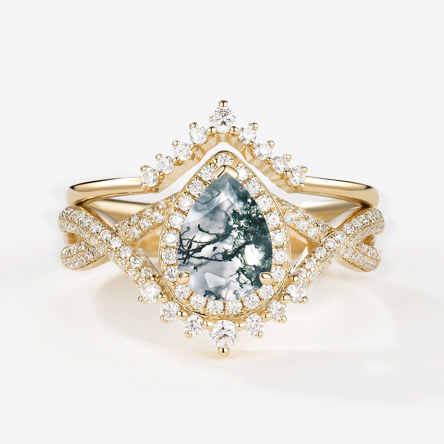 Pear Moss Agate Halo Infinity Ring Set 2pcs - Valentina