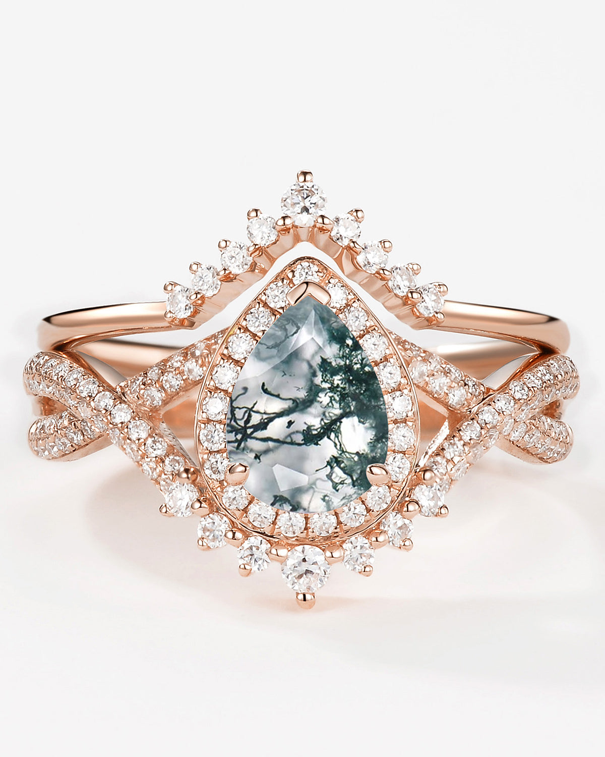 Pear Moss Agate Halo Infinity Ring Set 2pcs - Valentina