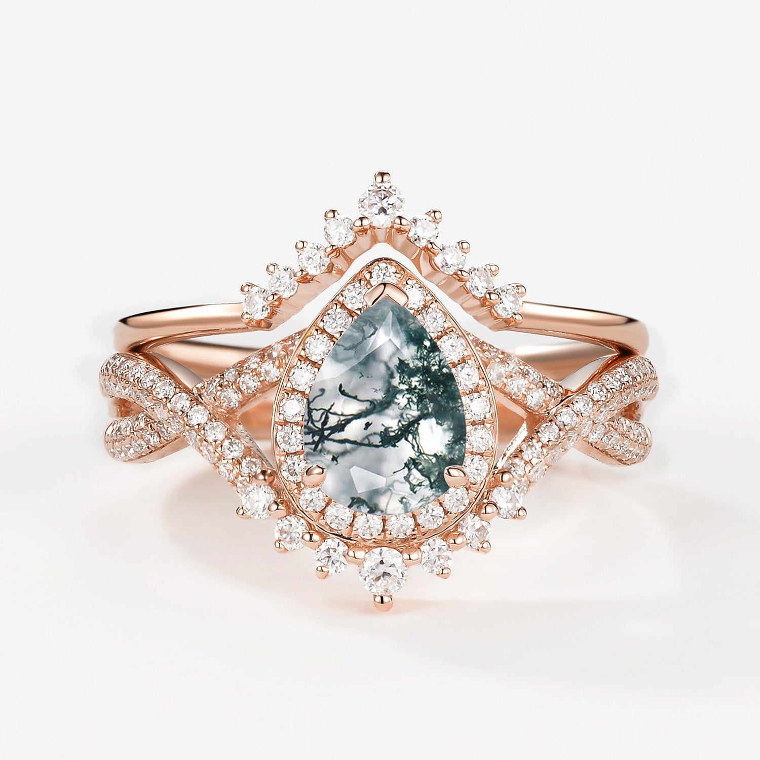 Pear Moss Agate Halo Infinity Ring Set 2pcs - Valentina