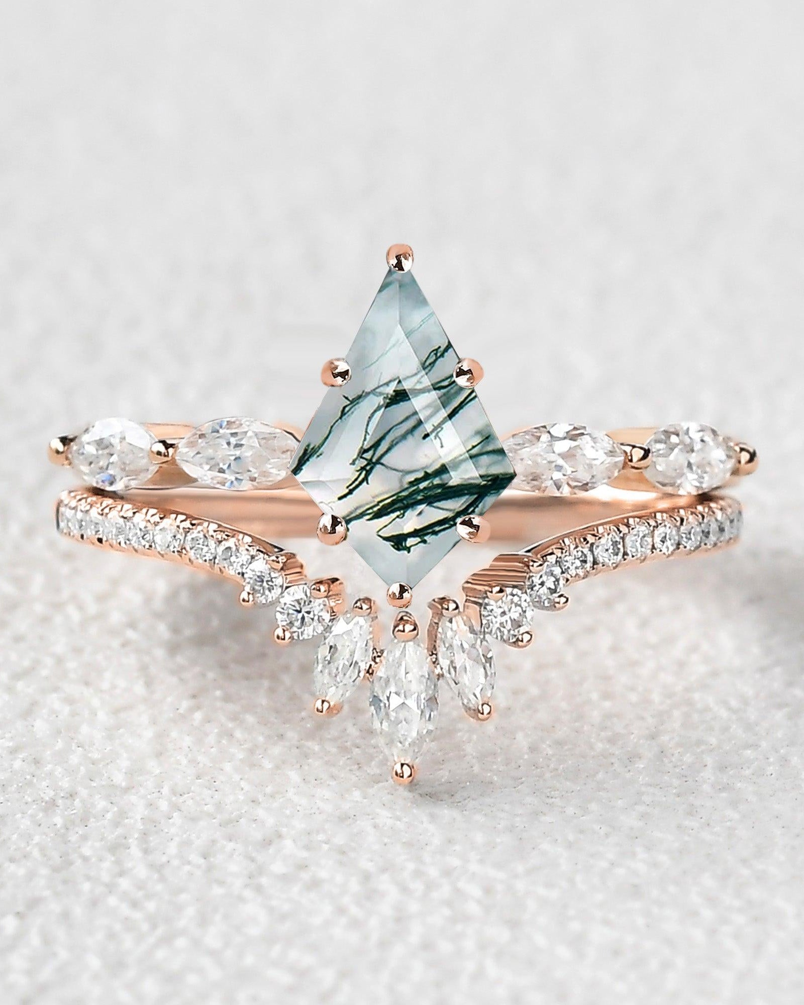 Marquise Staccato Kite Cut Moss Agate Engagement Ring Set 2pcs - Felicegals 丨Wedding ring 丨Fashion ring 丨Diamond ring 丨Gemstone ring