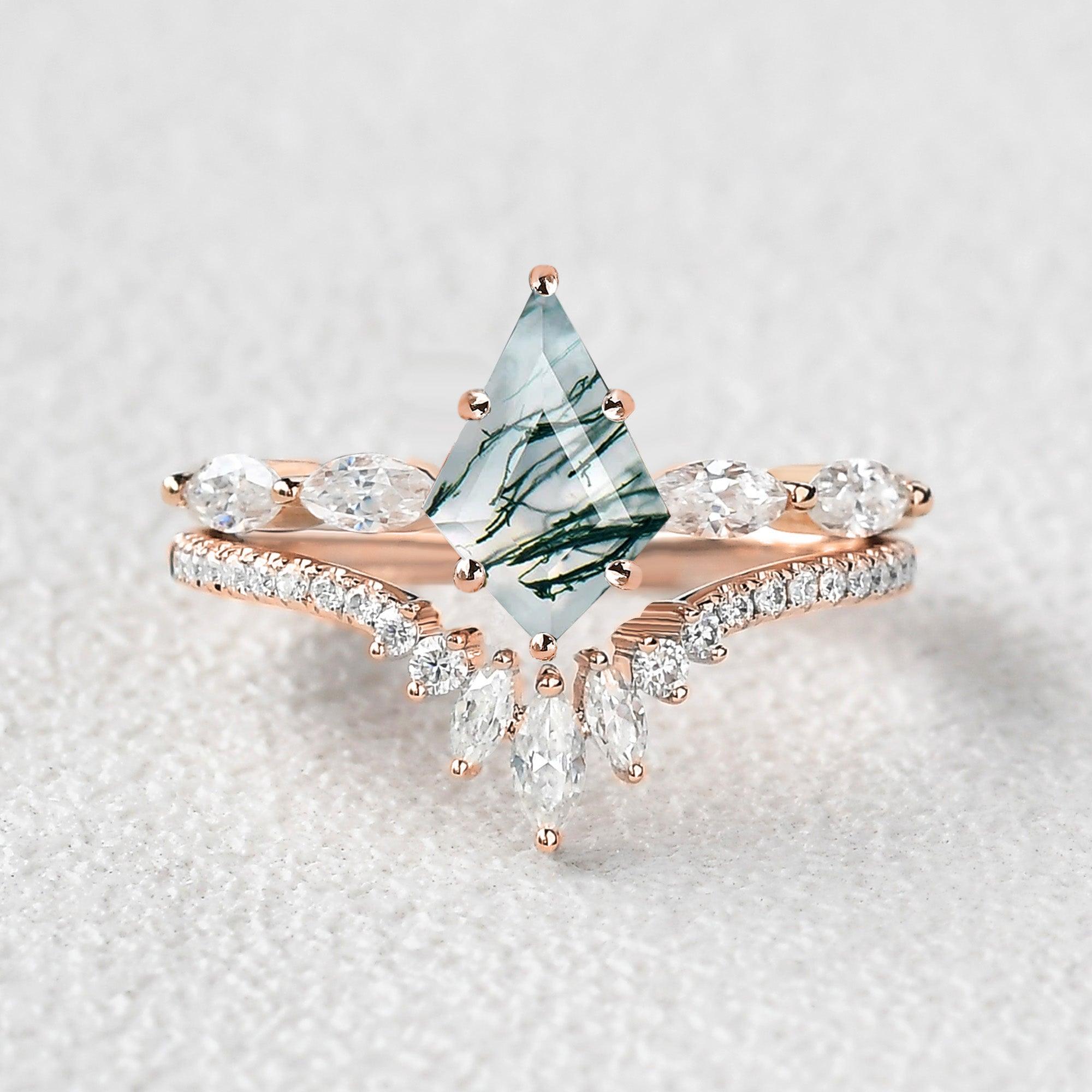 Marquise Staccato Kite Cut Moss Agate Engagement Ring Set 2pcs - Felicegals 丨Wedding ring 丨Fashion ring 丨Diamond ring 丨Gemstone ring