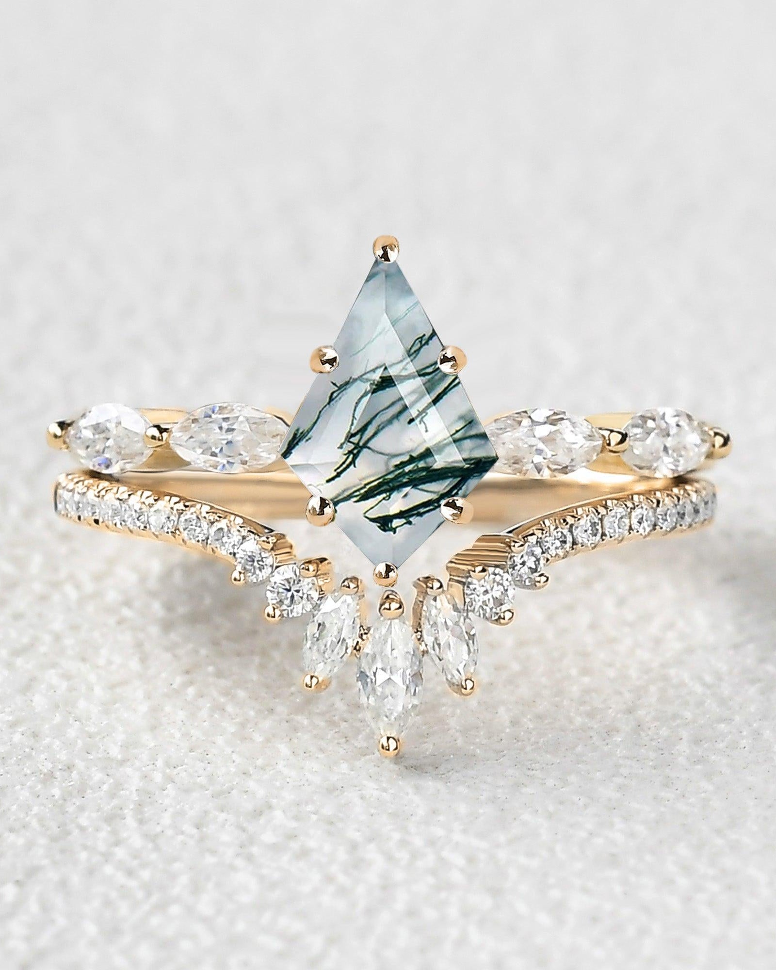 Marquise Staccato Kite Cut Moss Agate Engagement Ring Set 2pcs - Felicegals 丨Wedding ring 丨Fashion ring 丨Diamond ring 丨Gemstone ring