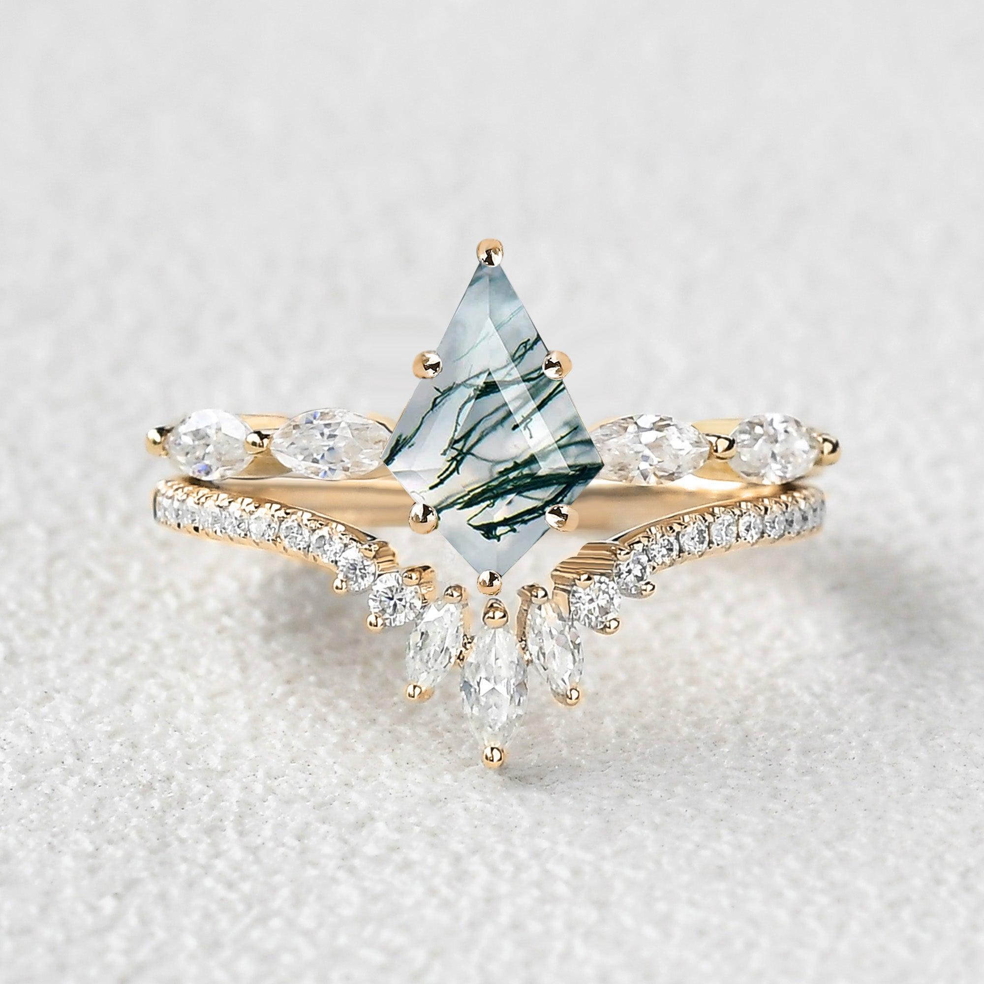 Marquise Staccato Kite Cut Moss Agate Engagement Ring Set 2pcs - Felicegals 丨Wedding ring 丨Fashion ring 丨Diamond ring 丨Gemstone ring