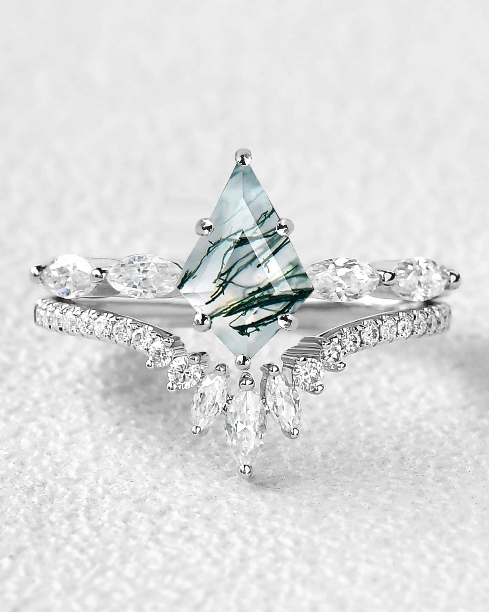 Marquise Staccato Kite Cut Moss Agate Engagement Ring Set 2pcs - Felicegals 丨Wedding ring 丨Fashion ring 丨Diamond ring 丨Gemstone ring