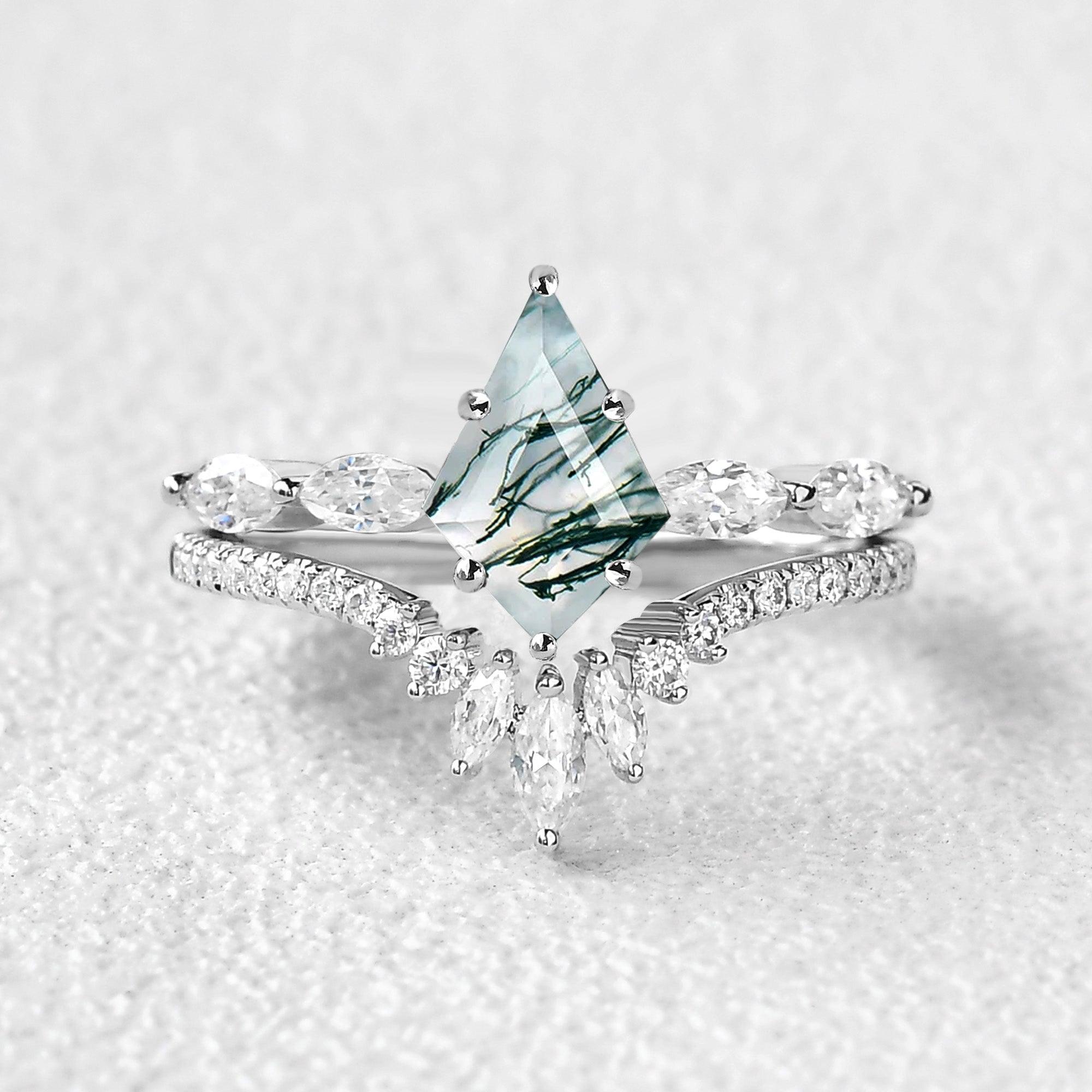 Marquise Staccato Kite Cut Moss Agate Engagement Ring Set 2pcs - Felicegals 丨Wedding ring 丨Fashion ring 丨Diamond ring 丨Gemstone ring