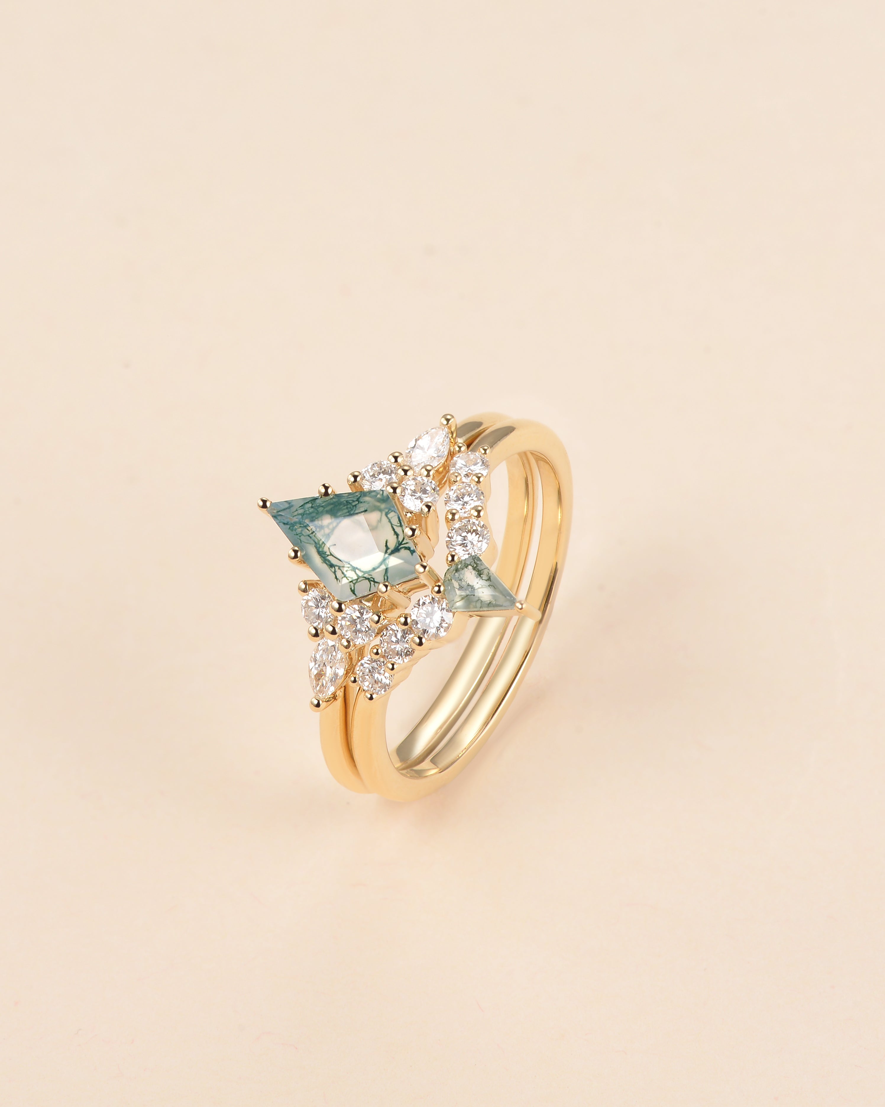 Kite Cut Unique Moss Agate Twinning Kites Engagement Ring Sets 2pcs