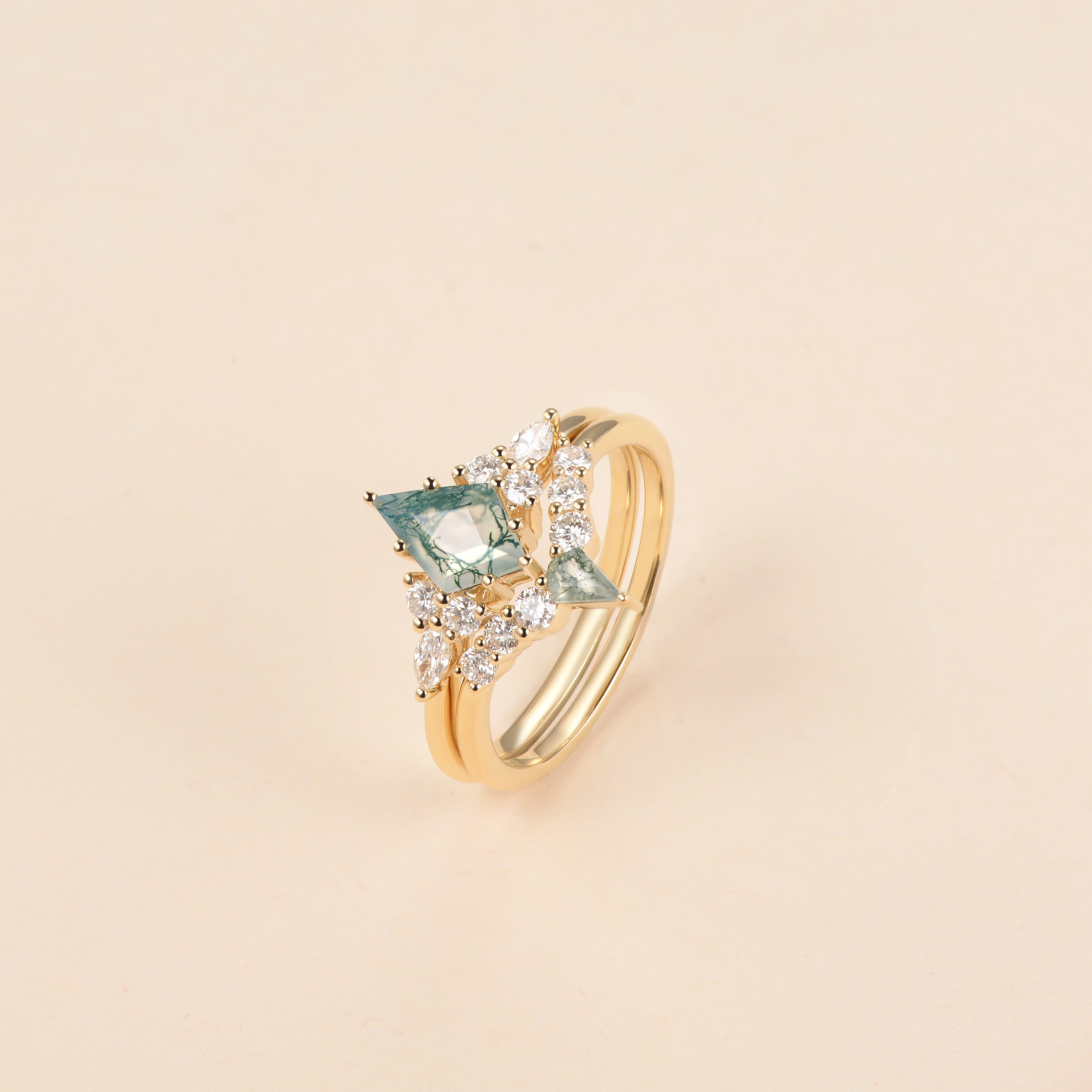 Kite Cut Unique Moss Agate Twinning Kites Engagement Ring Sets 2pcs