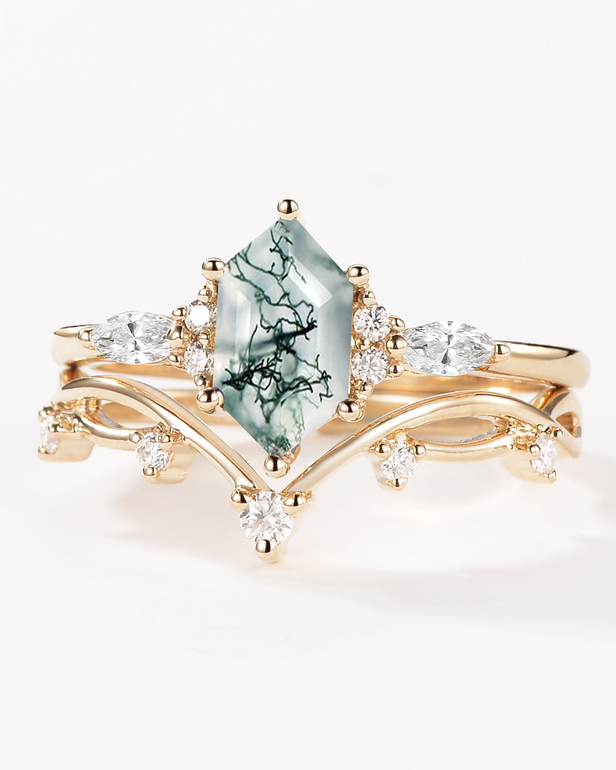 Long Hexagon Moss Agate Leafy Engagement Ring Set 2pcs