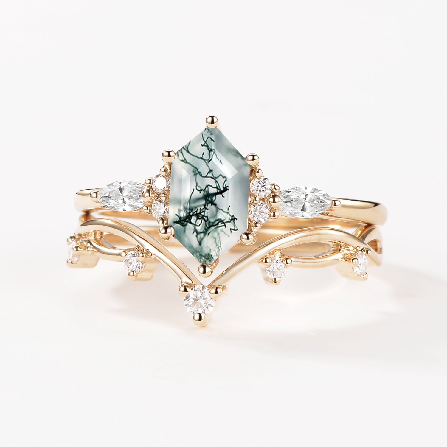 Long Hexagon Moss Agate Leafy Engagement Ring Set 2pcs