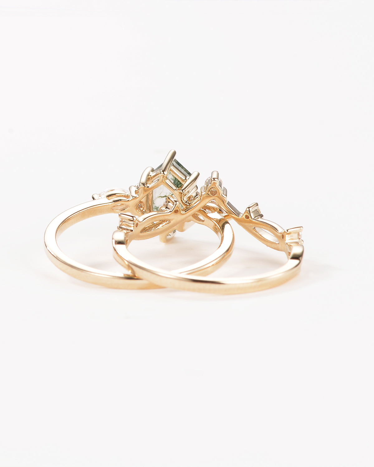 Long Hexagon Moss Agate Leafy Engagement Ring Set 2pcs