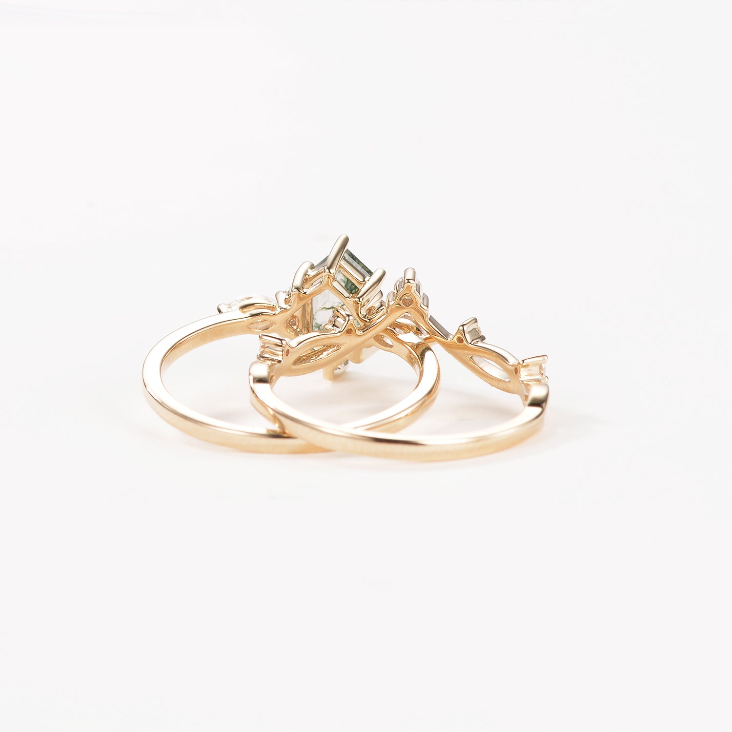 Long Hexagon Moss Agate Leafy Engagement Ring Set 2pcs