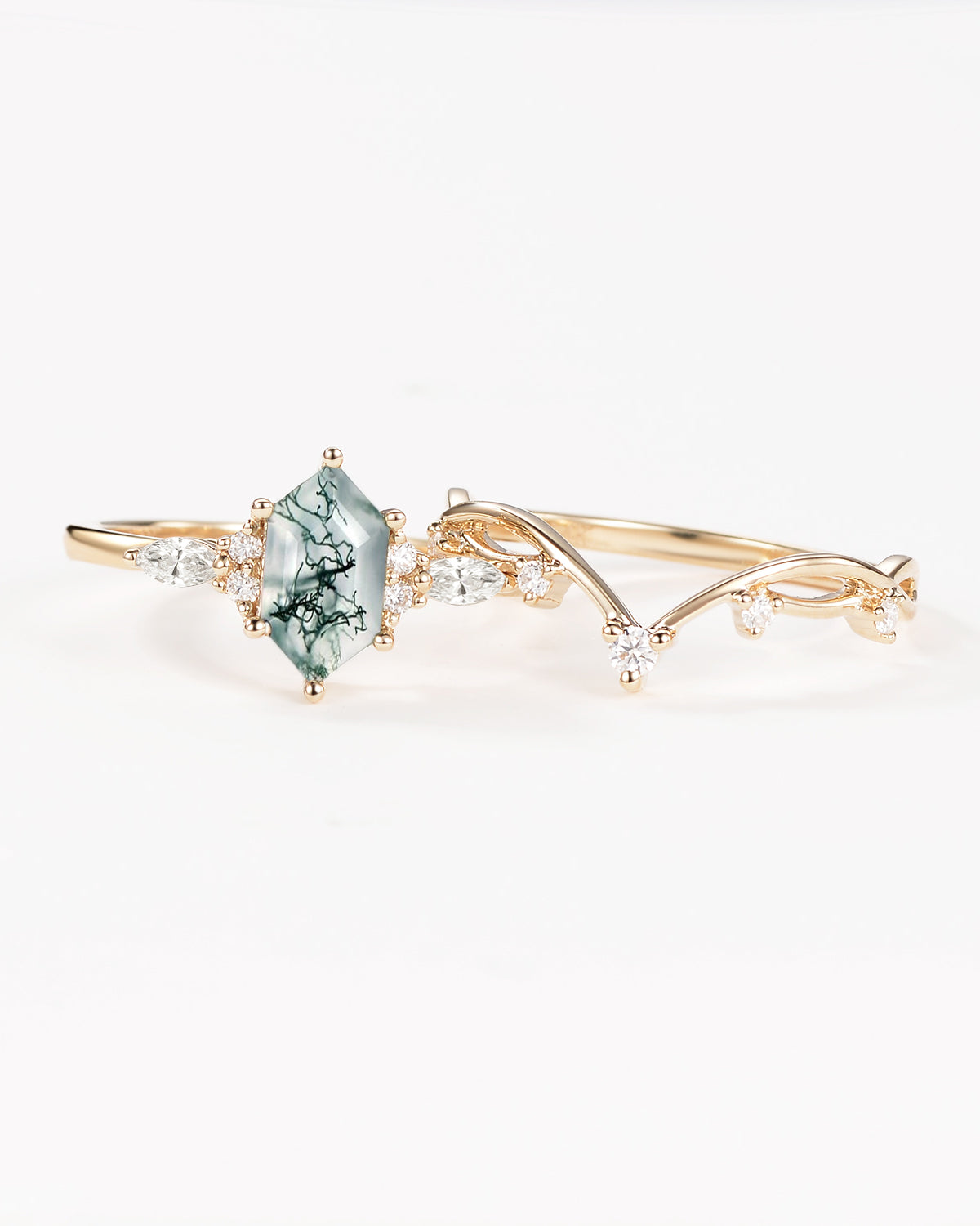 Long Hexagon Moss Agate Leafy Engagement Ring Set 2pcs