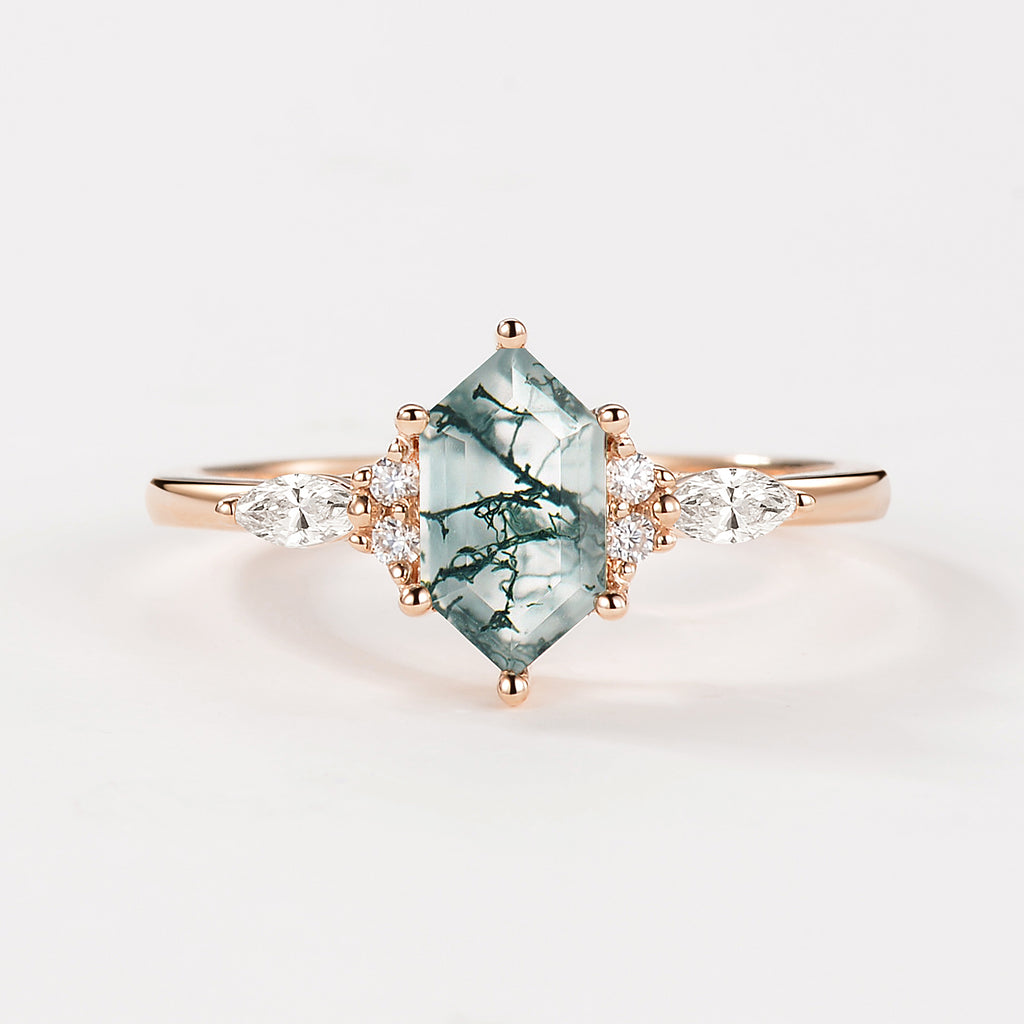Geometric Hexagon Moss Agate Marquise Engagement Ring
