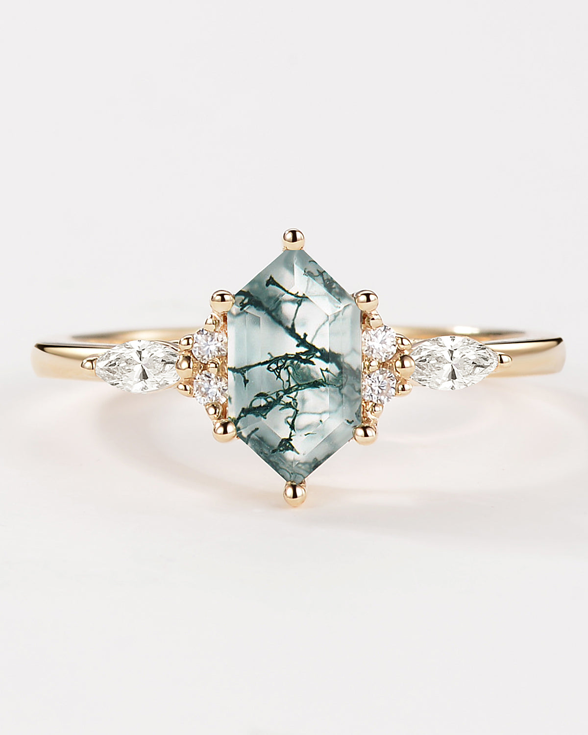 Geometric Hexagon Moss Agate Marquise Engagement Ring