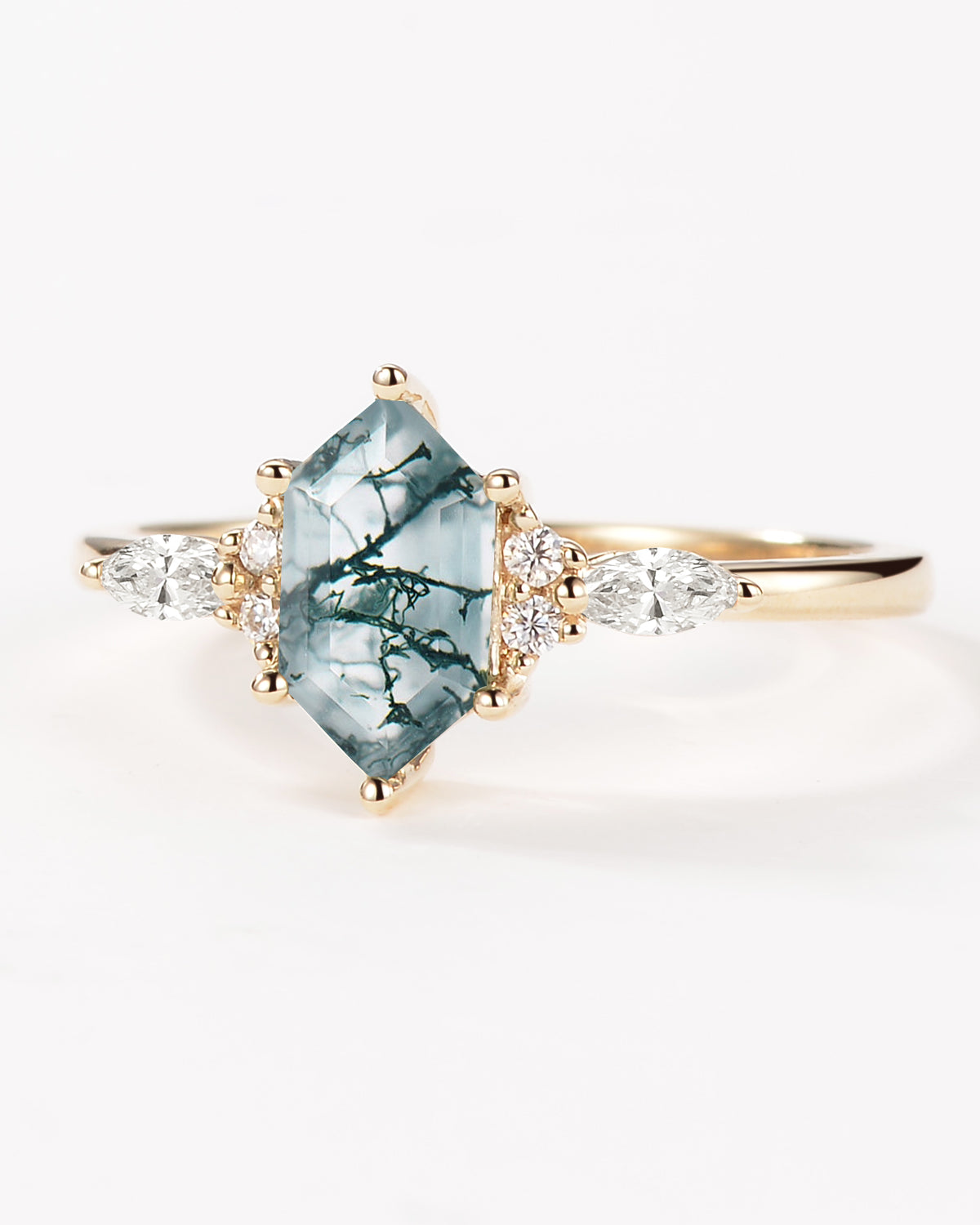 Geometric Hexagon Moss Agate Marquise Engagement Ring