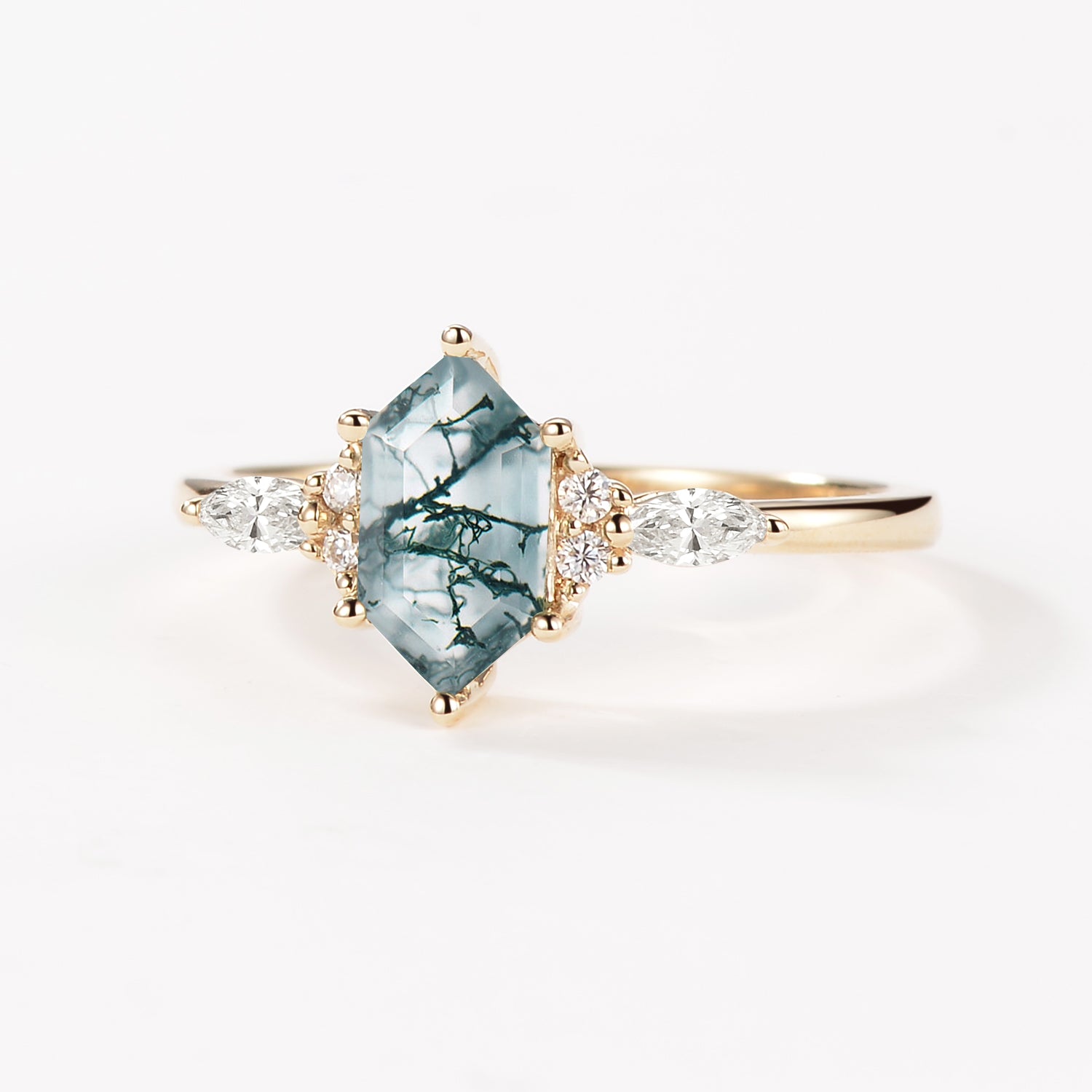 Geometric Hexagon Moss Agate Marquise Engagement Ring