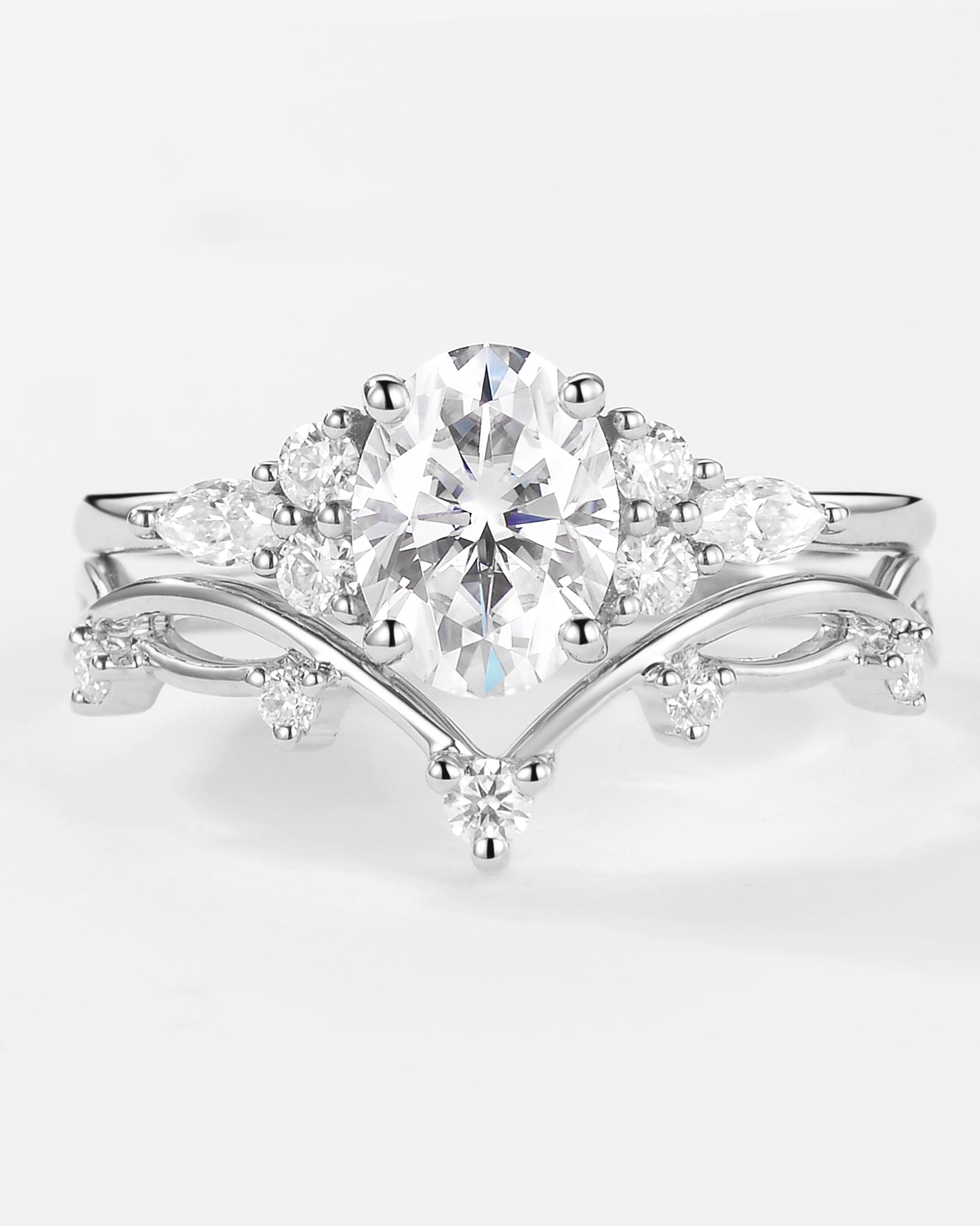 1.5ct Oval Moissanite Leafy Ring Set 2pcs