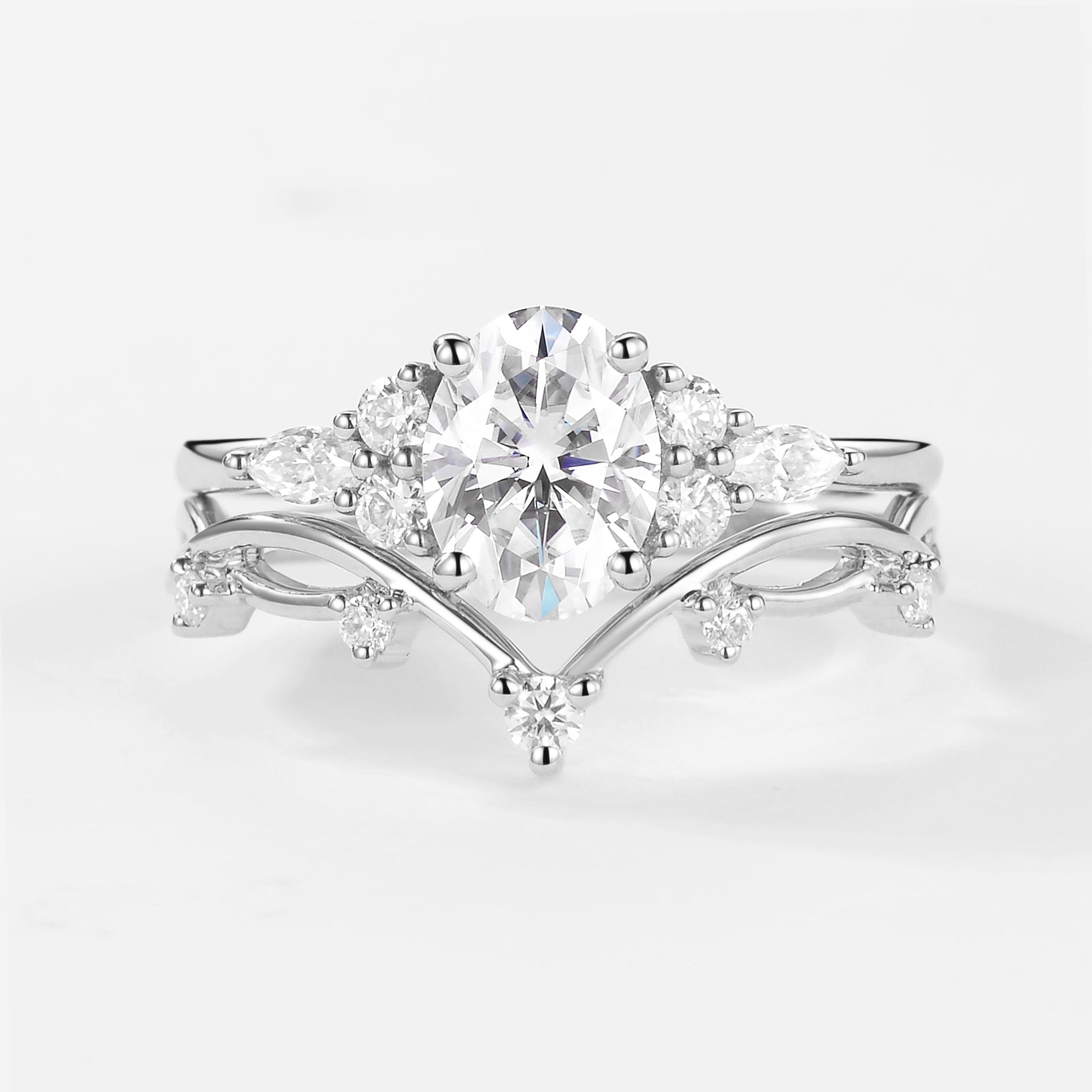 1.5ct Oval Moissanite Leafy Ring Set 2pcs