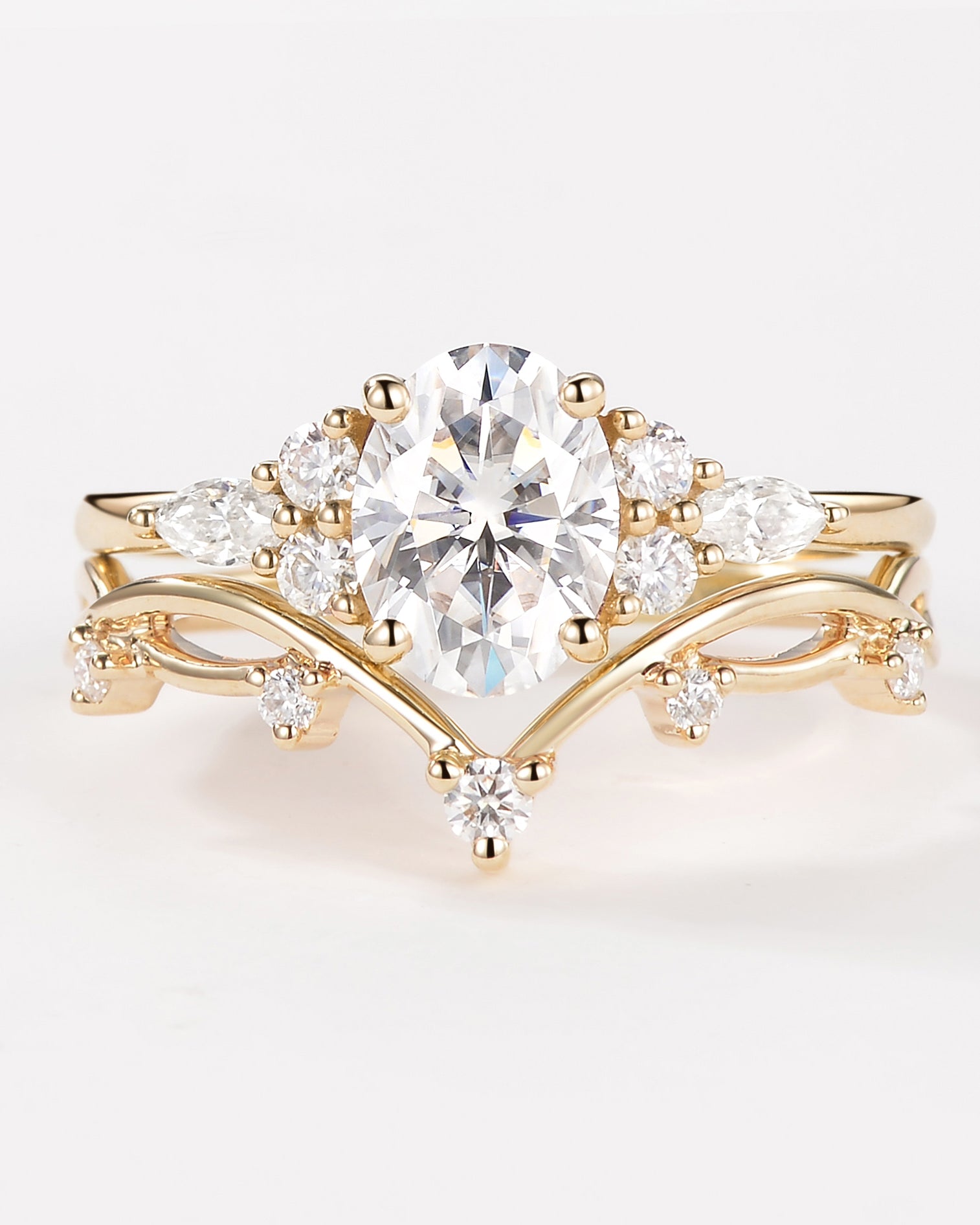 1.5ct Oval Moissanite Leafy Ring Set 2pcs