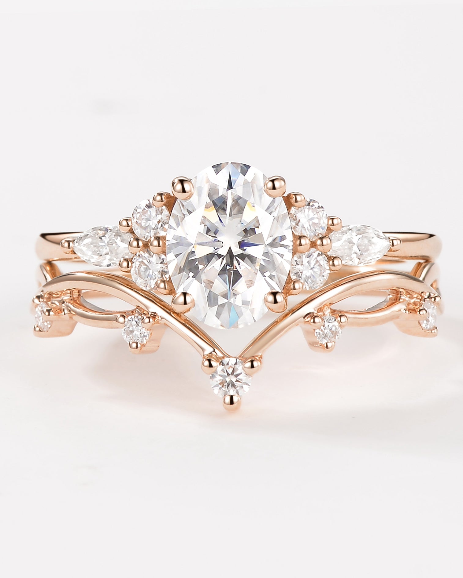 1.5ct Oval Moissanite Leafy Ring Set 2pcs