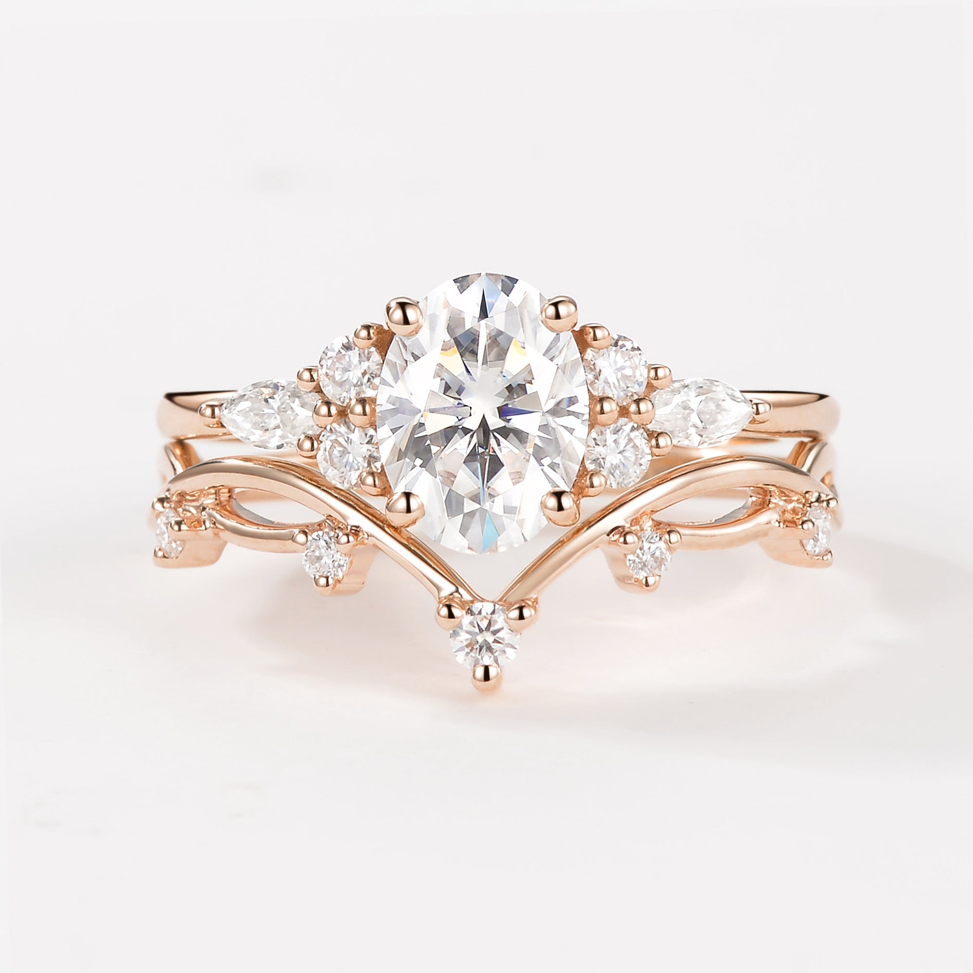 1.5ct Oval Moissanite Leafy Ring Set 2pcs